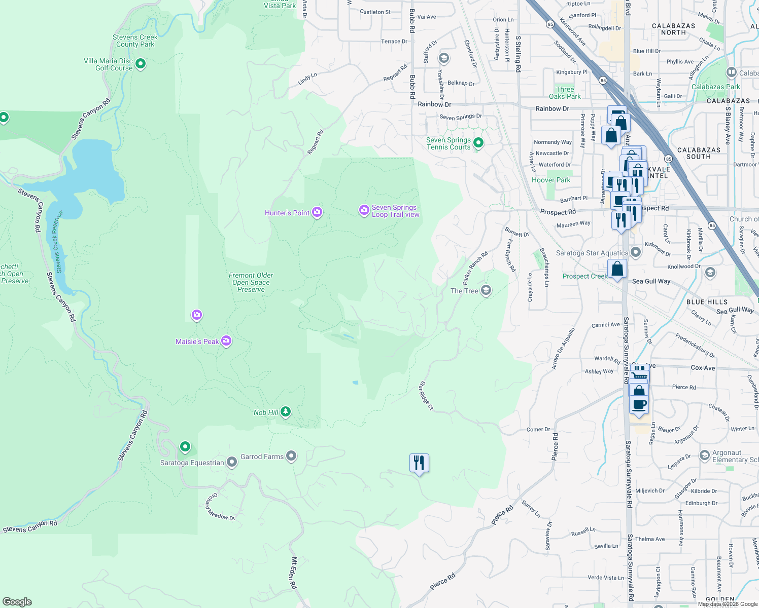 map of restaurants, bars, coffee shops, grocery stores, and more near 22301 Rolling Hills Road in Saratoga