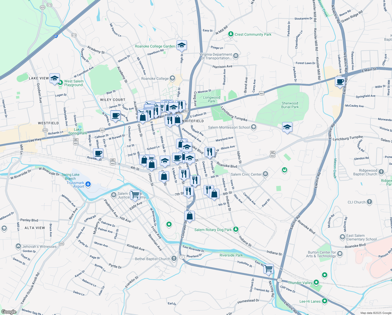 map of restaurants, bars, coffee shops, grocery stores, and more near 522 Tennessee Street in Salem