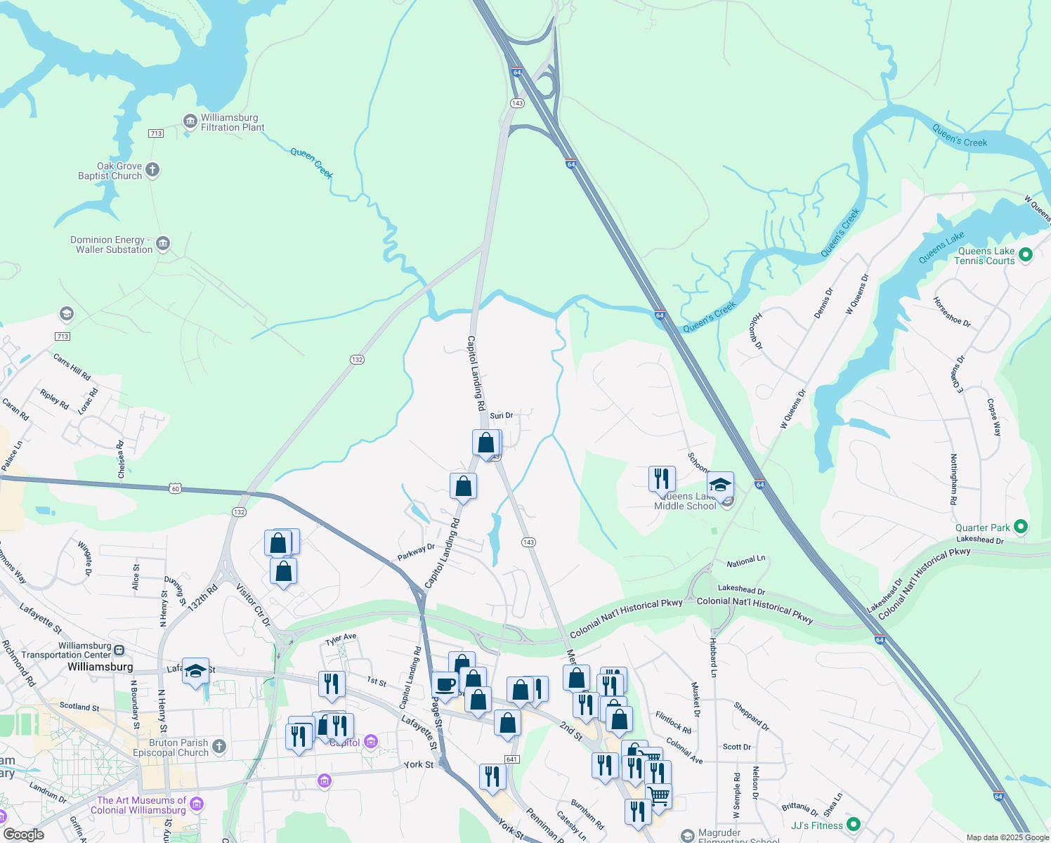 map of restaurants, bars, coffee shops, grocery stores, and more near 404 Shaindel Drive in Williamsburg