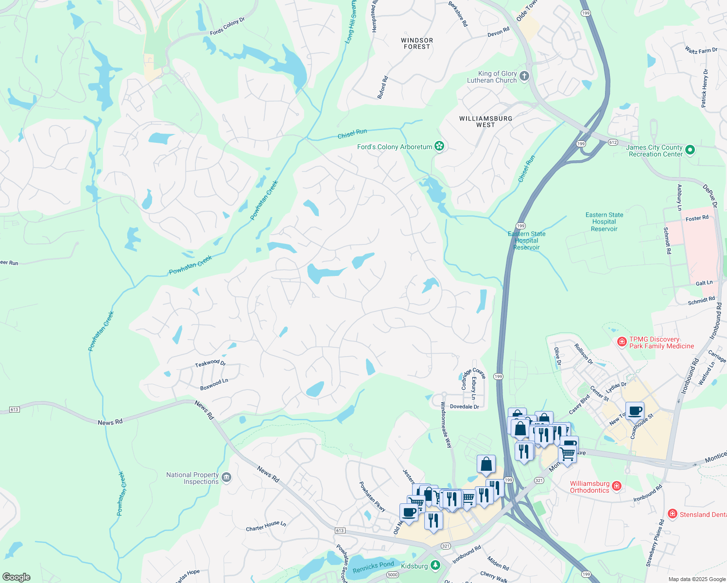 map of restaurants, bars, coffee shops, grocery stores, and more near 101 Birkdale in Williamsburg