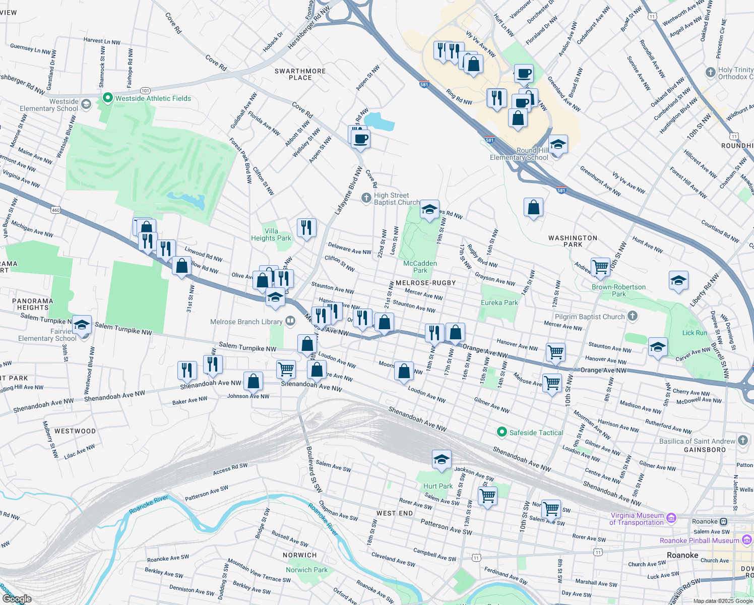 map of restaurants, bars, coffee shops, grocery stores, and more near 2120 Staunton Ave NW in Roanoke