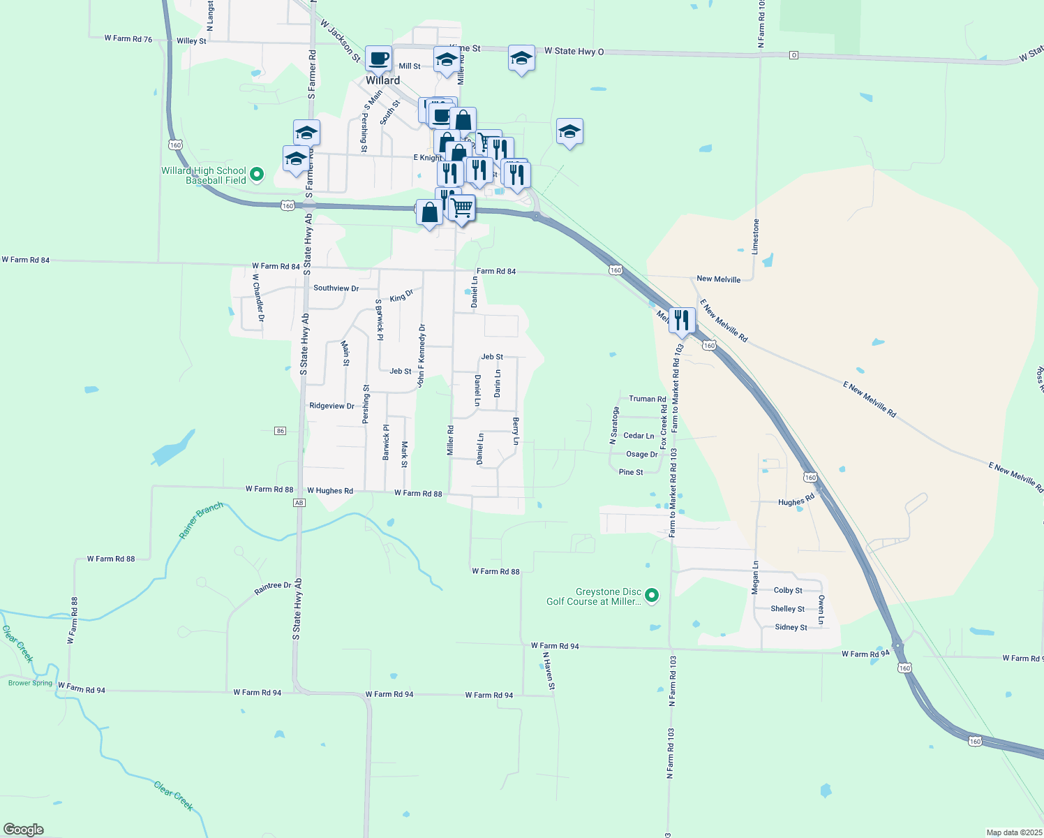 map of restaurants, bars, coffee shops, grocery stores, and more near 720 Berry Ln in Willard