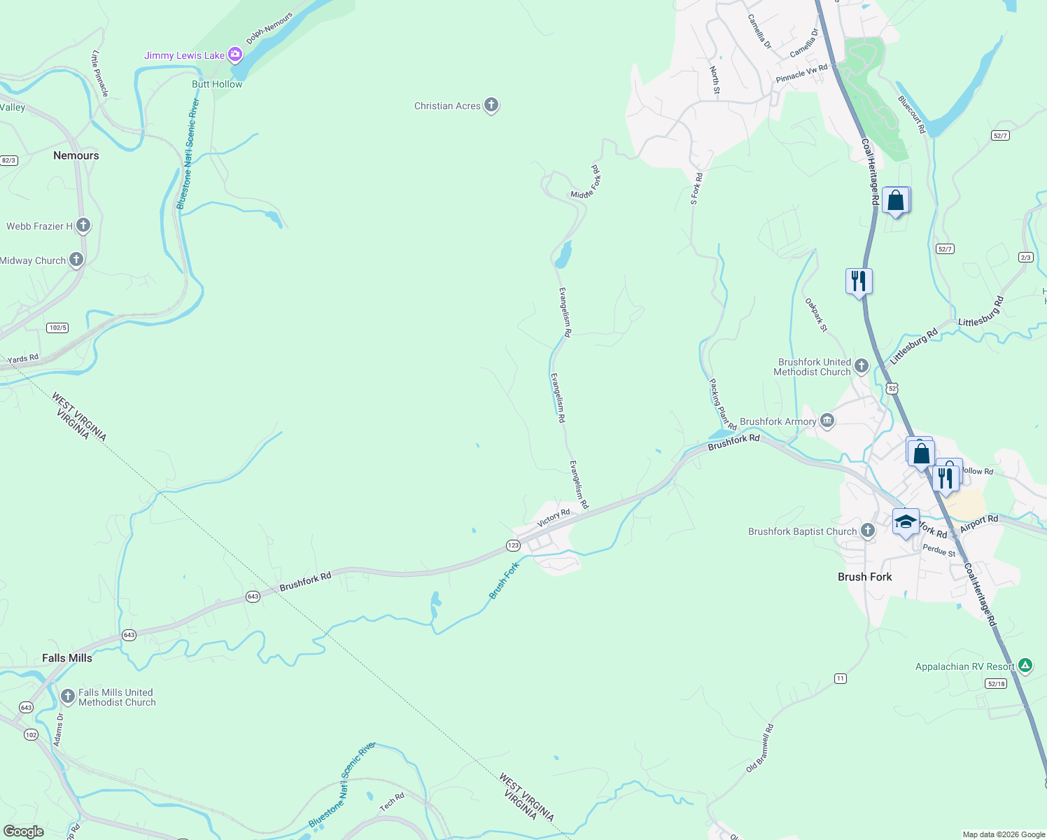 map of restaurants, bars, coffee shops, grocery stores, and more near 223-491 Greenwood Road in Bluefield