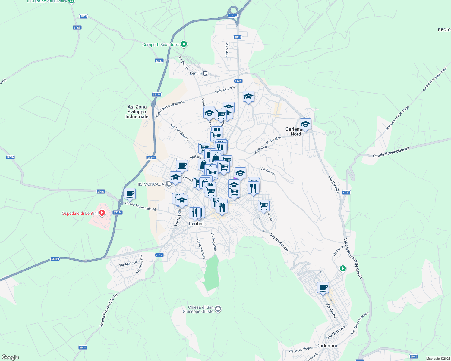 map of restaurants, bars, coffee shops, grocery stores, and more near 21 Via San Luciano in Lentini