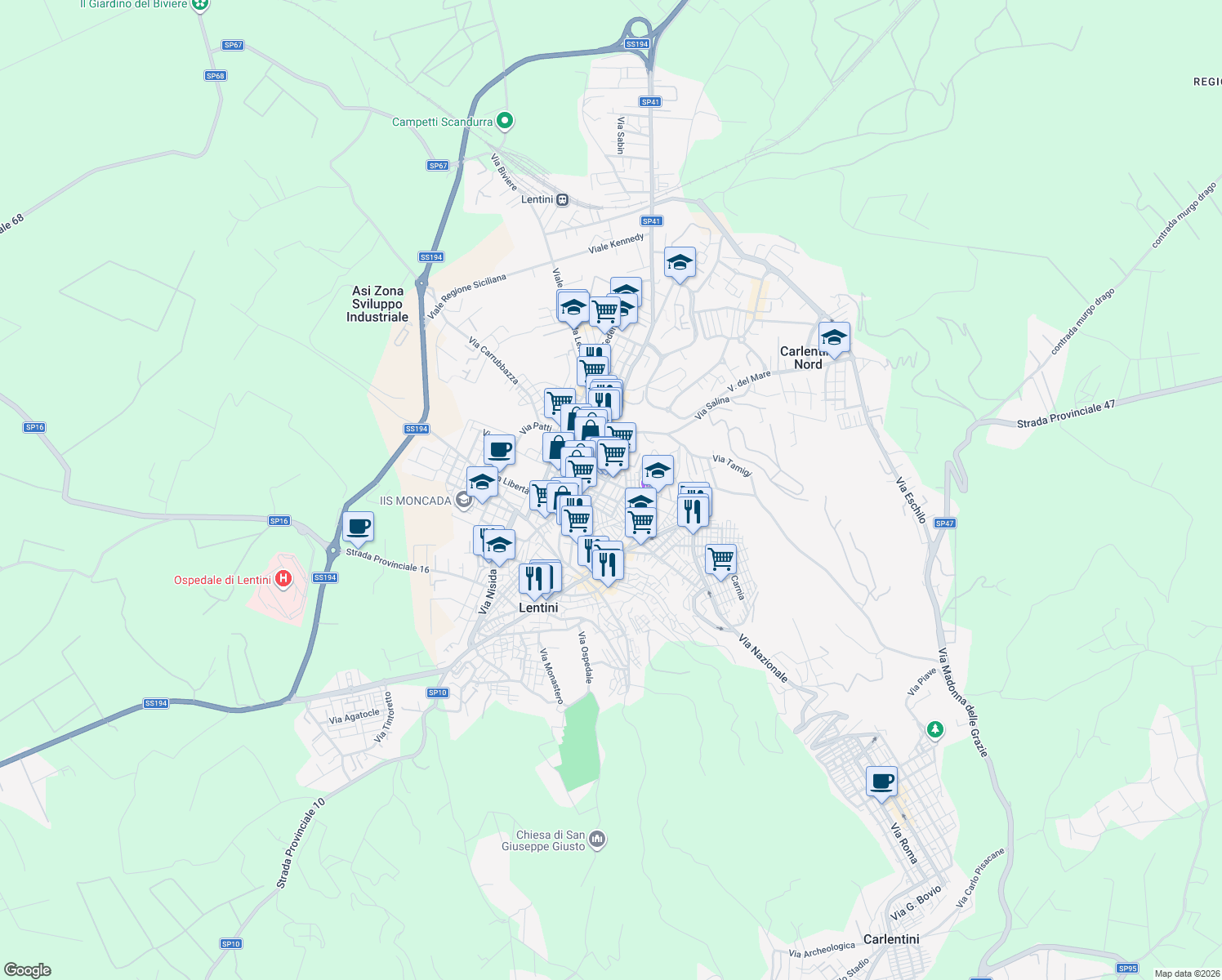 map of restaurants, bars, coffee shops, grocery stores, and more near 21 Via San Luciano in Lentini