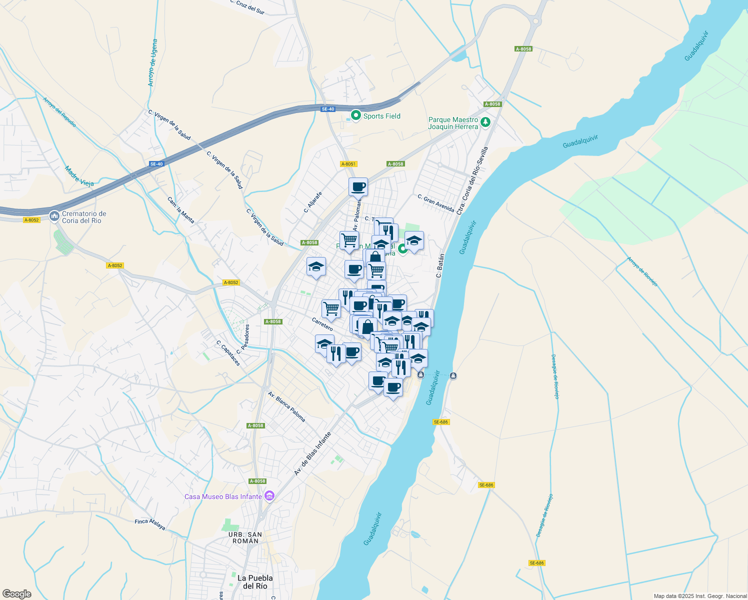 map of restaurants, bars, coffee shops, grocery stores, and more near in Coria del Río