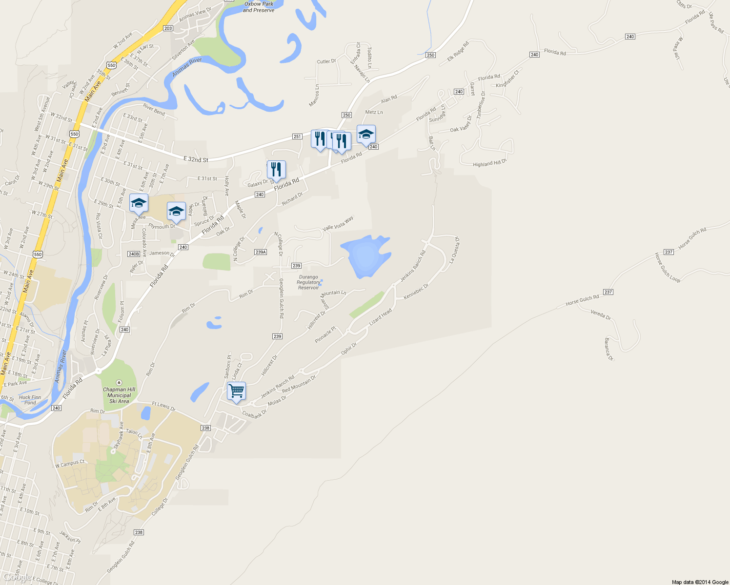 map of restaurants, bars, coffee shops, grocery stores, and more near 24 Jenkins Drive in Durango