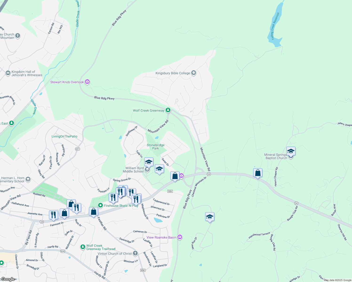 map of restaurants, bars, coffee shops, grocery stores, and more near 612 Castleridge Road in Vinton