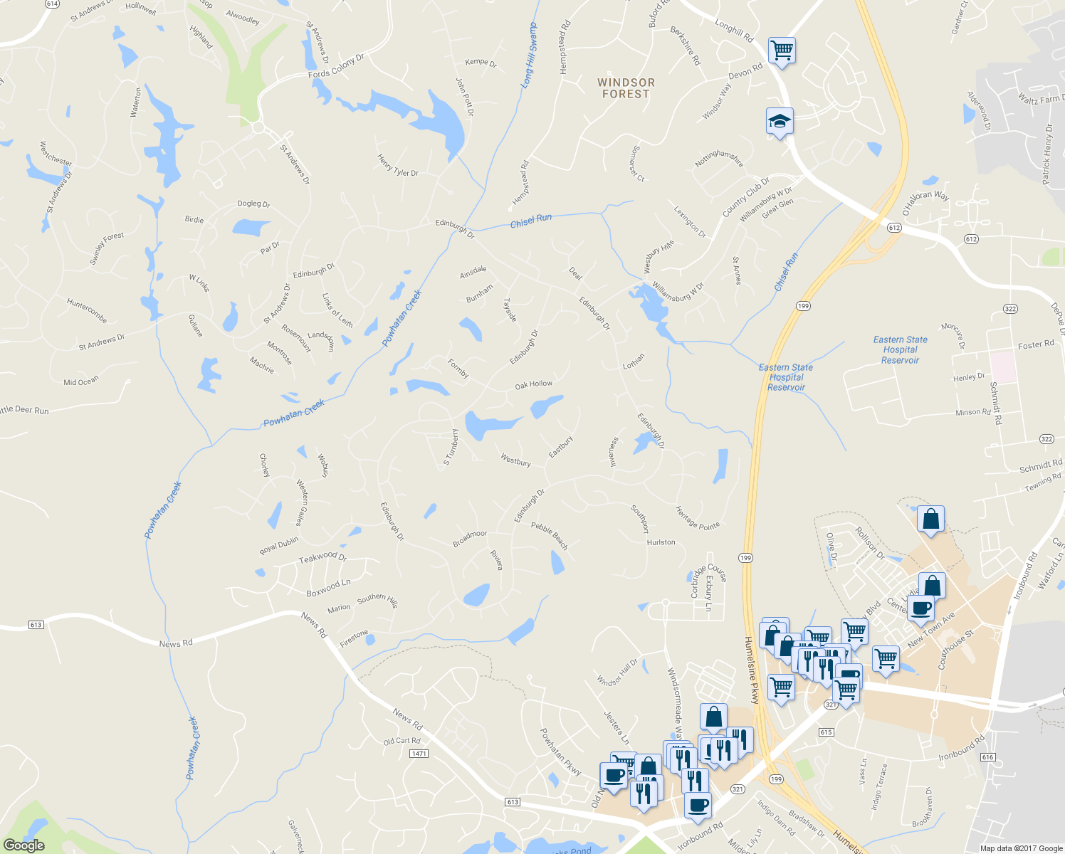 map of restaurants, bars, coffee shops, grocery stores, and more near 117 Birkdale in Williamsburg