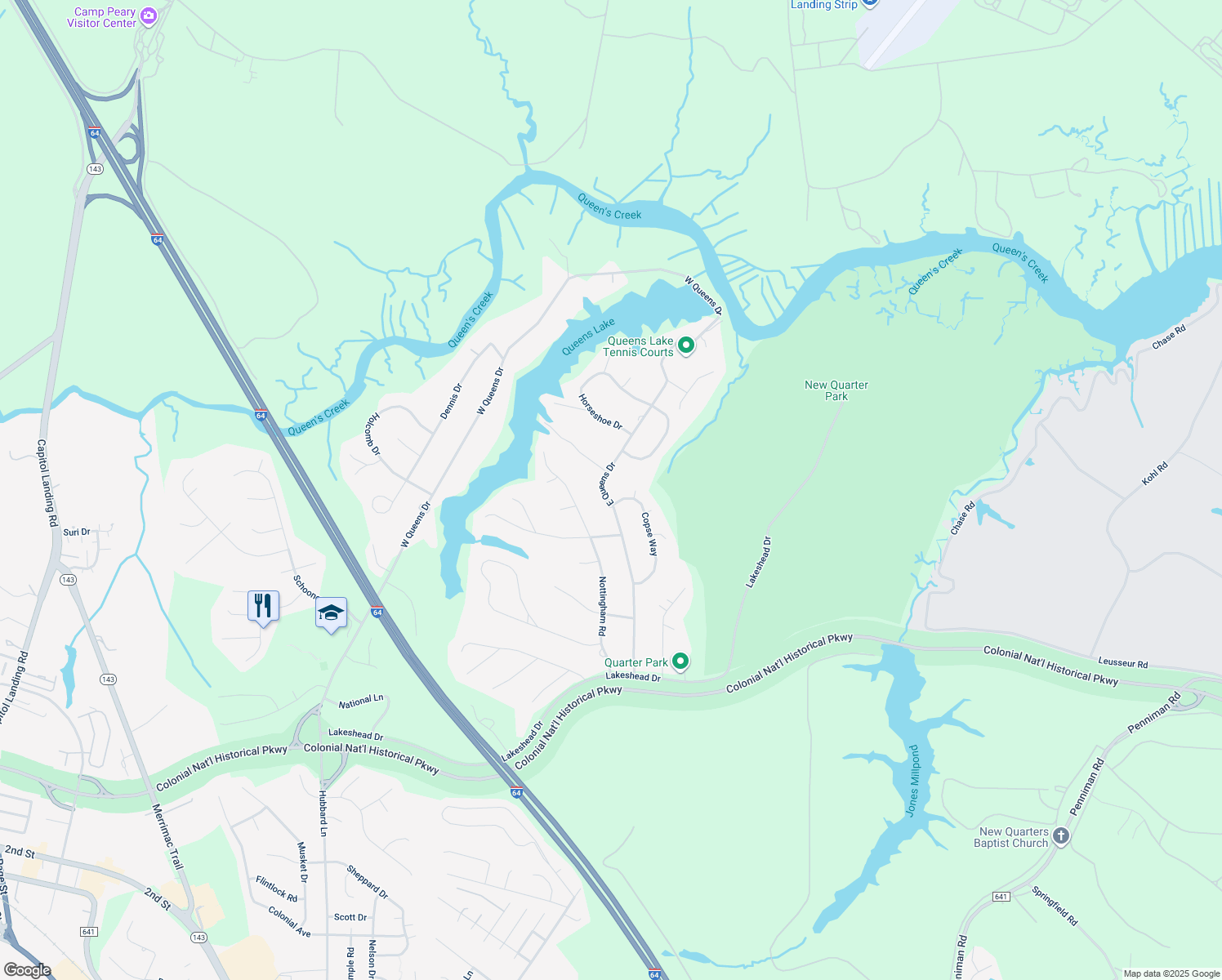 map of restaurants, bars, coffee shops, grocery stores, and more near 270 E Queens Dr in Williamsburg