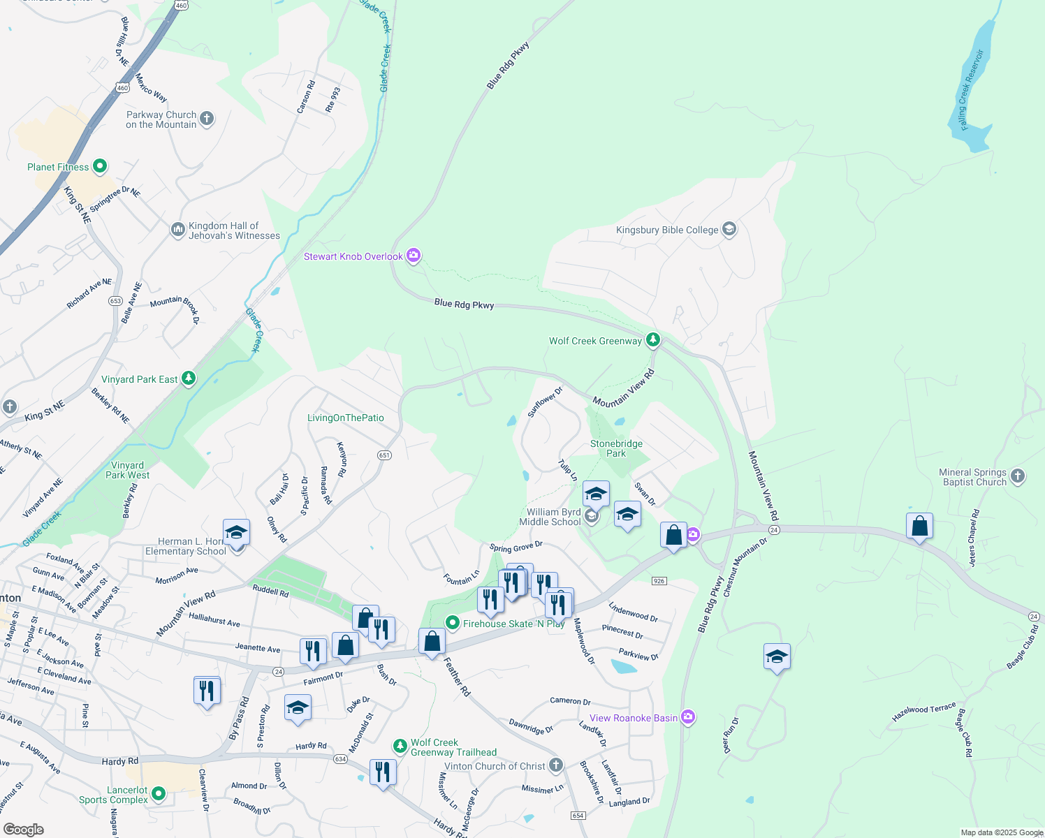 map of restaurants, bars, coffee shops, grocery stores, and more near 386 Sunflower Drive in Vinton
