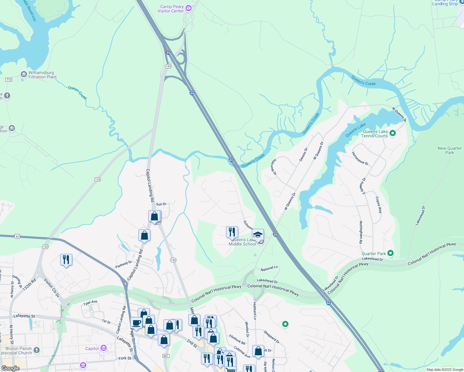 map of restaurants, bars, coffee shops, grocery stores, and more near 705 Schooner Boulevard in Williamsburg
