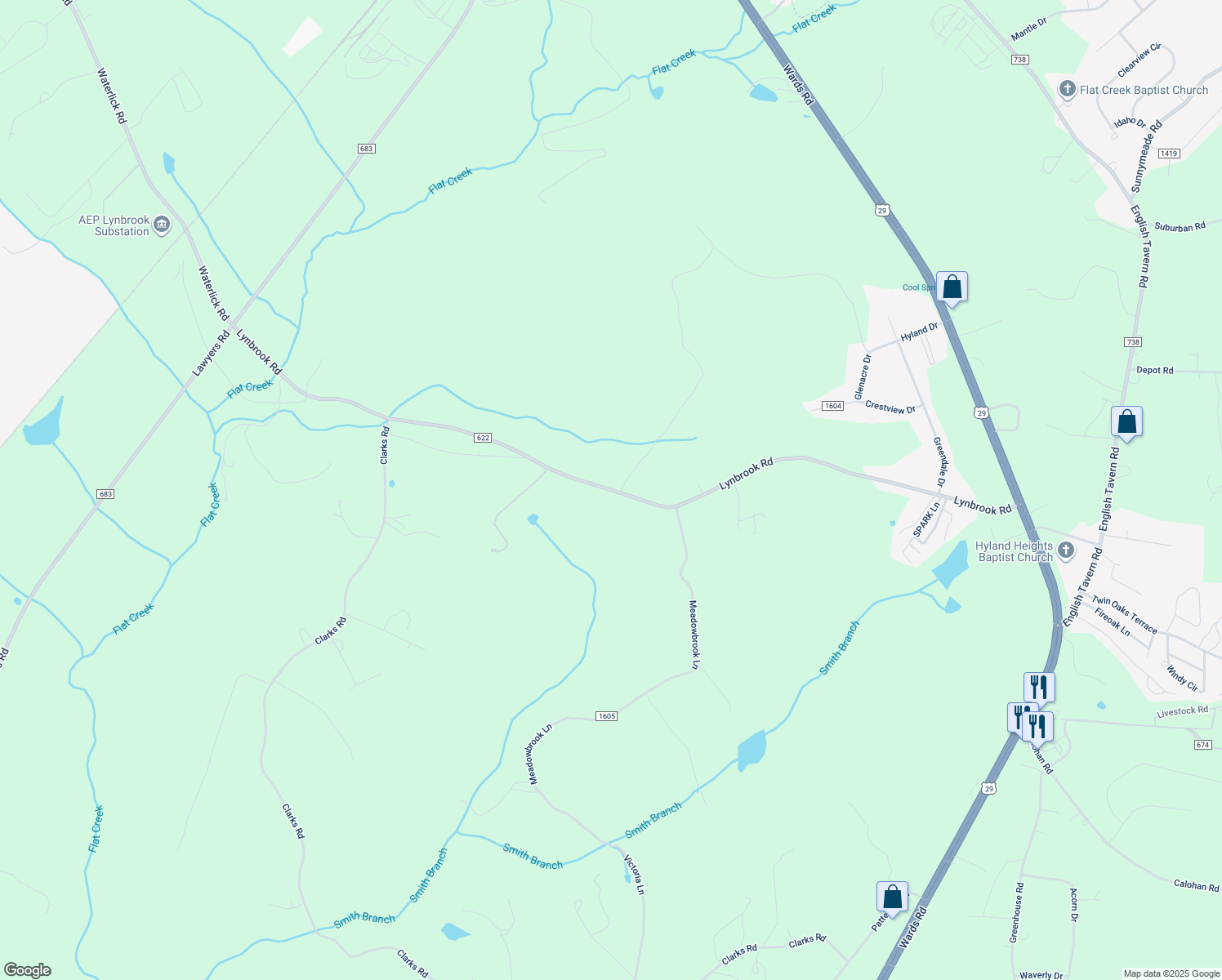 map of restaurants, bars, coffee shops, grocery stores, and more near Lynbrook Road in Rustburg