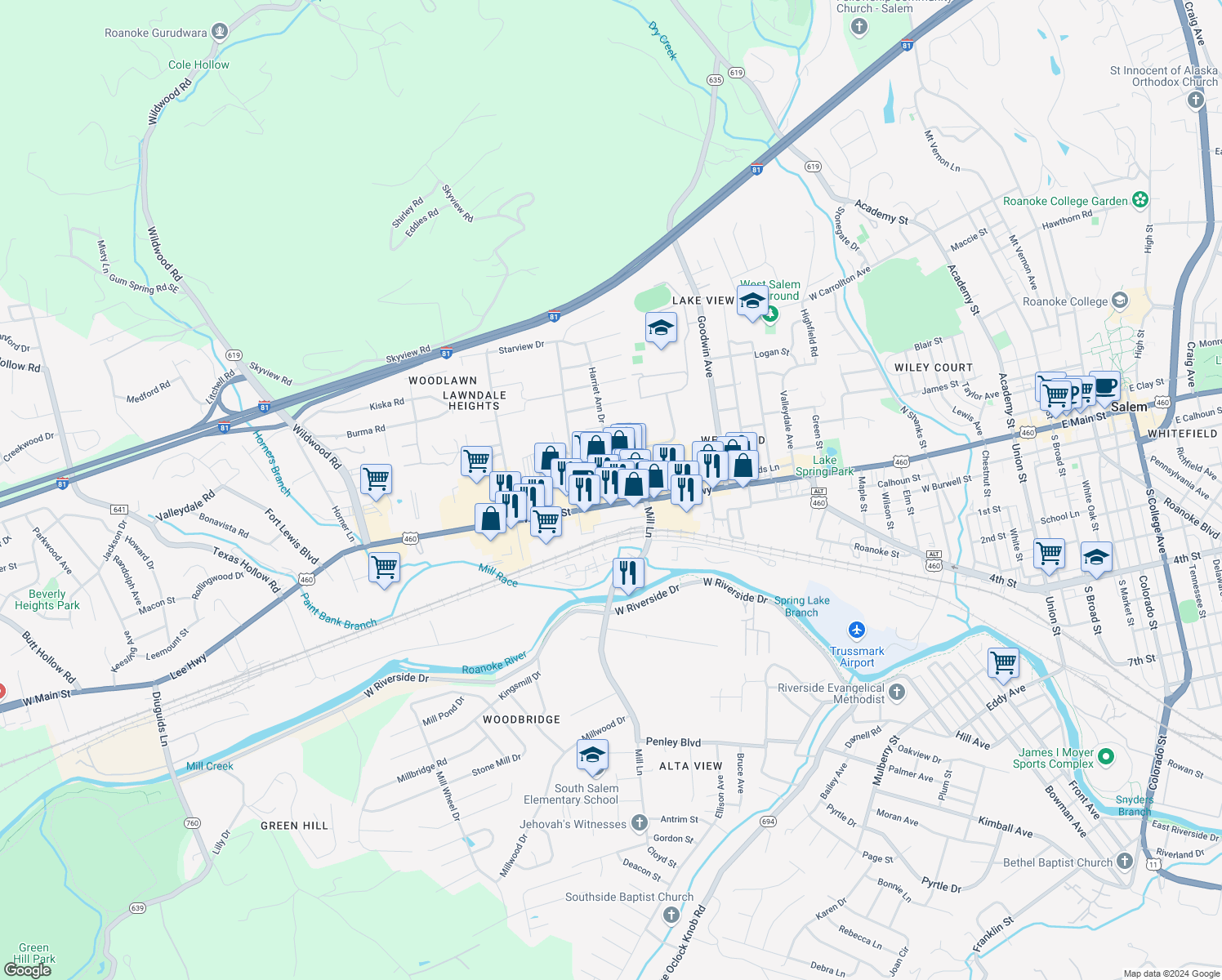 map of restaurants, bars, coffee shops, grocery stores, and more near 601 Roanoke Street in Salem