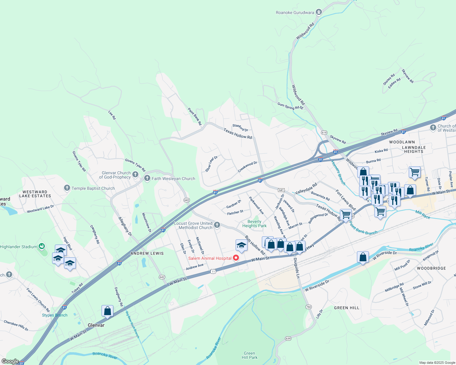 map of restaurants, bars, coffee shops, grocery stores, and more near 2854 Creekwood Drive in Salem
