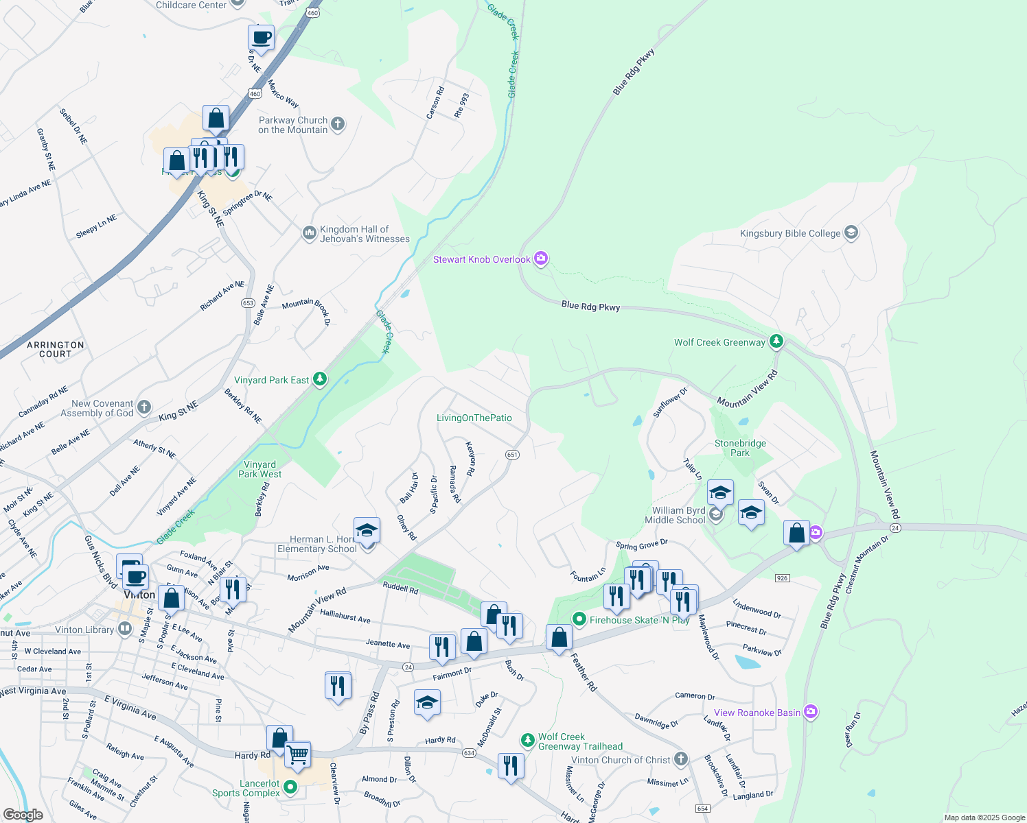 map of restaurants, bars, coffee shops, grocery stores, and more near 518 Stacie Drive in Vinton
