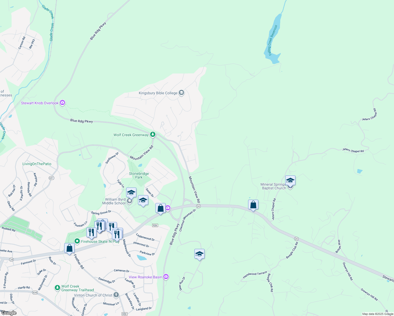 map of restaurants, bars, coffee shops, grocery stores, and more near 2705 Paddington Station Lane in Vinton