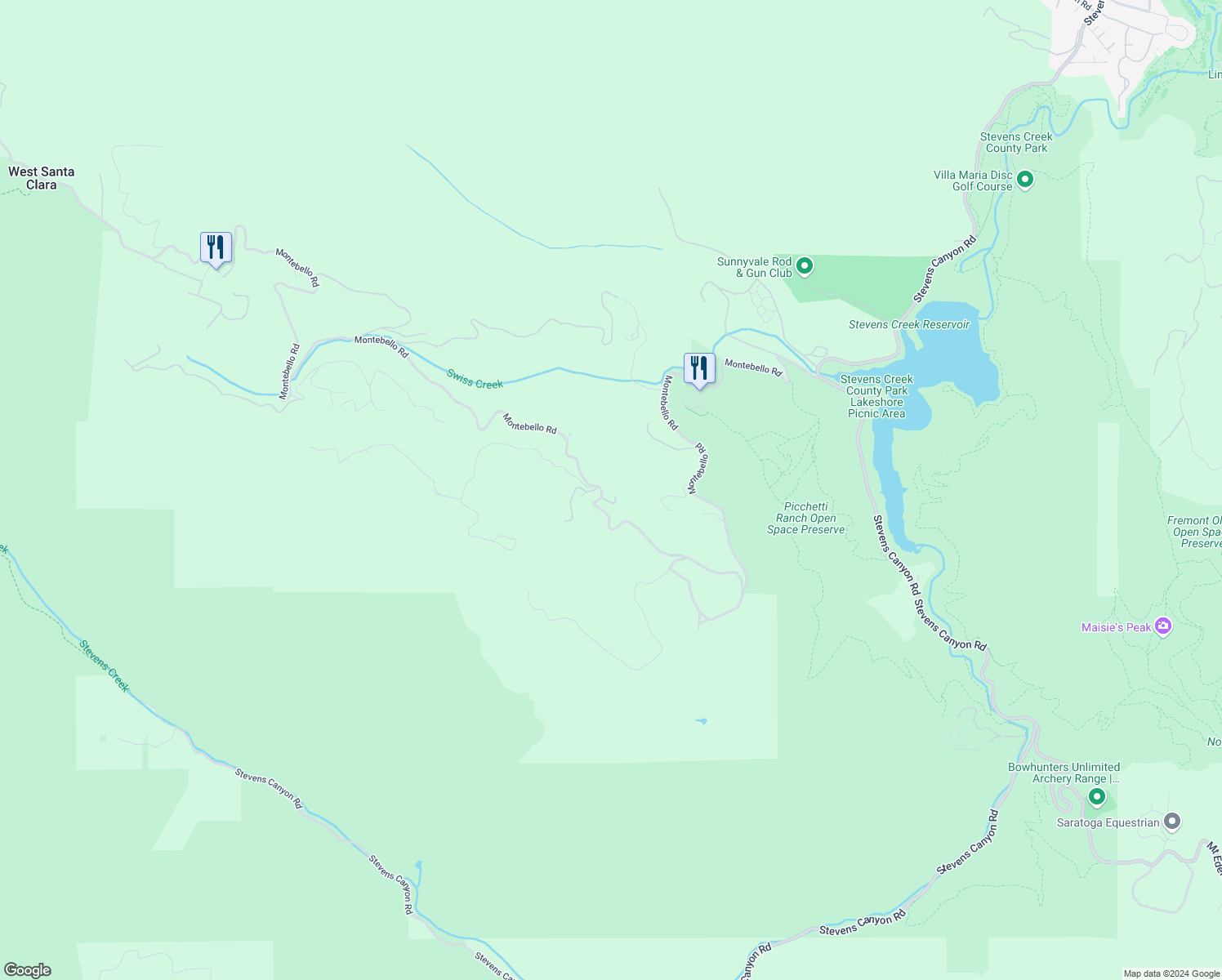 map of restaurants, bars, coffee shops, grocery stores, and more near 15101 Montebello Road in Cupertino