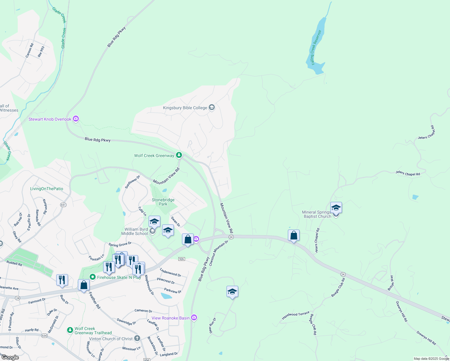 map of restaurants, bars, coffee shops, grocery stores, and more near 2714 Paddington Station Lane in Vinton