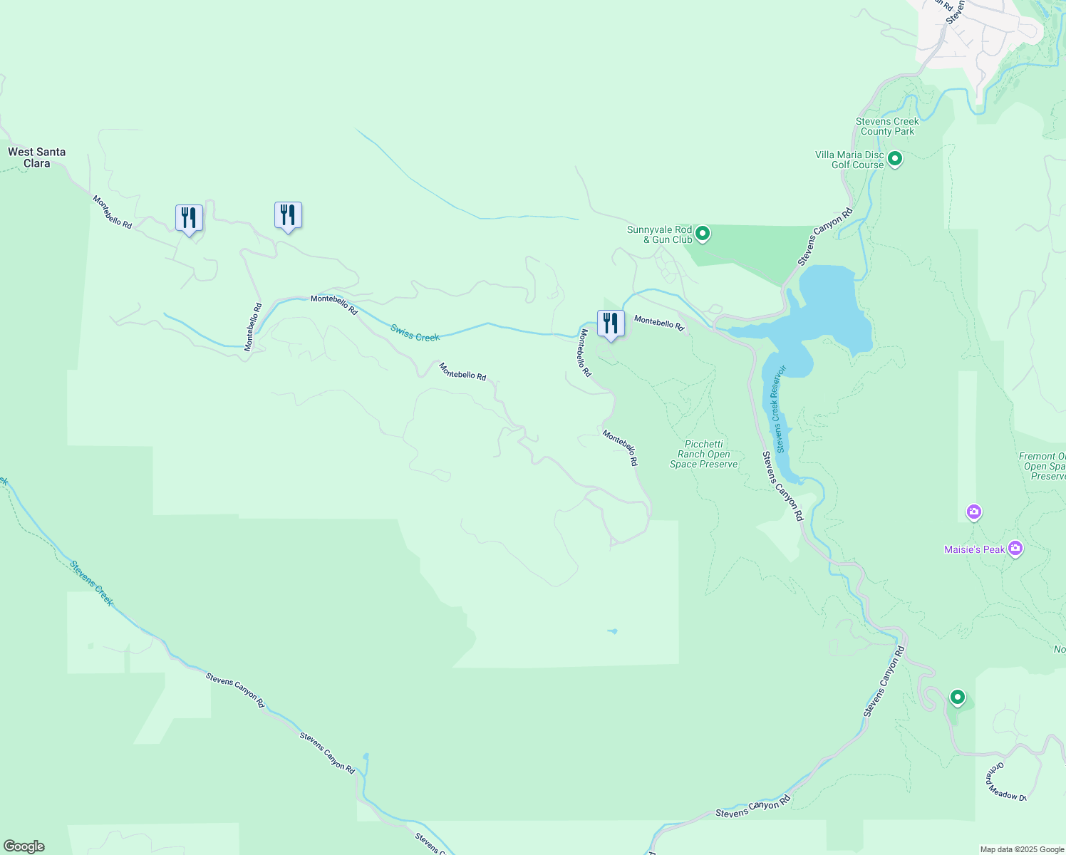 map of restaurants, bars, coffee shops, grocery stores, and more near 15101 Montebello Road in Cupertino