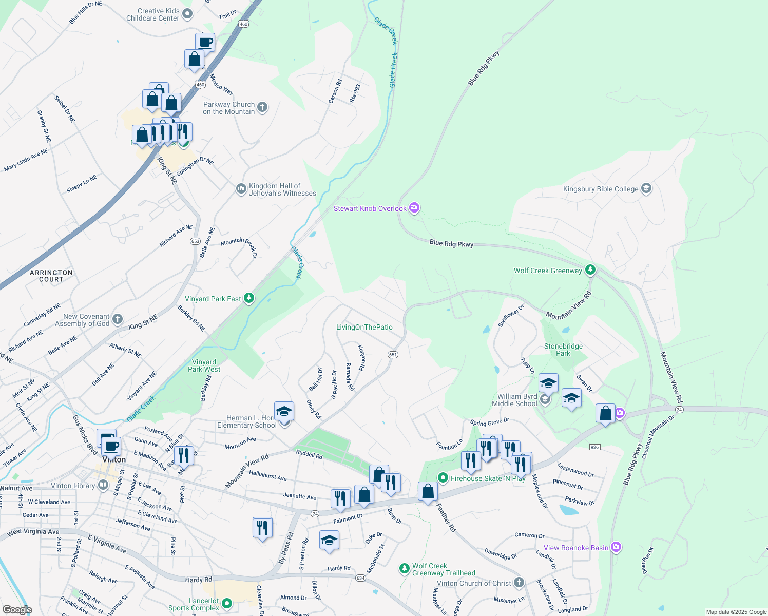 map of restaurants, bars, coffee shops, grocery stores, and more near 547 Stacie Drive in Vinton