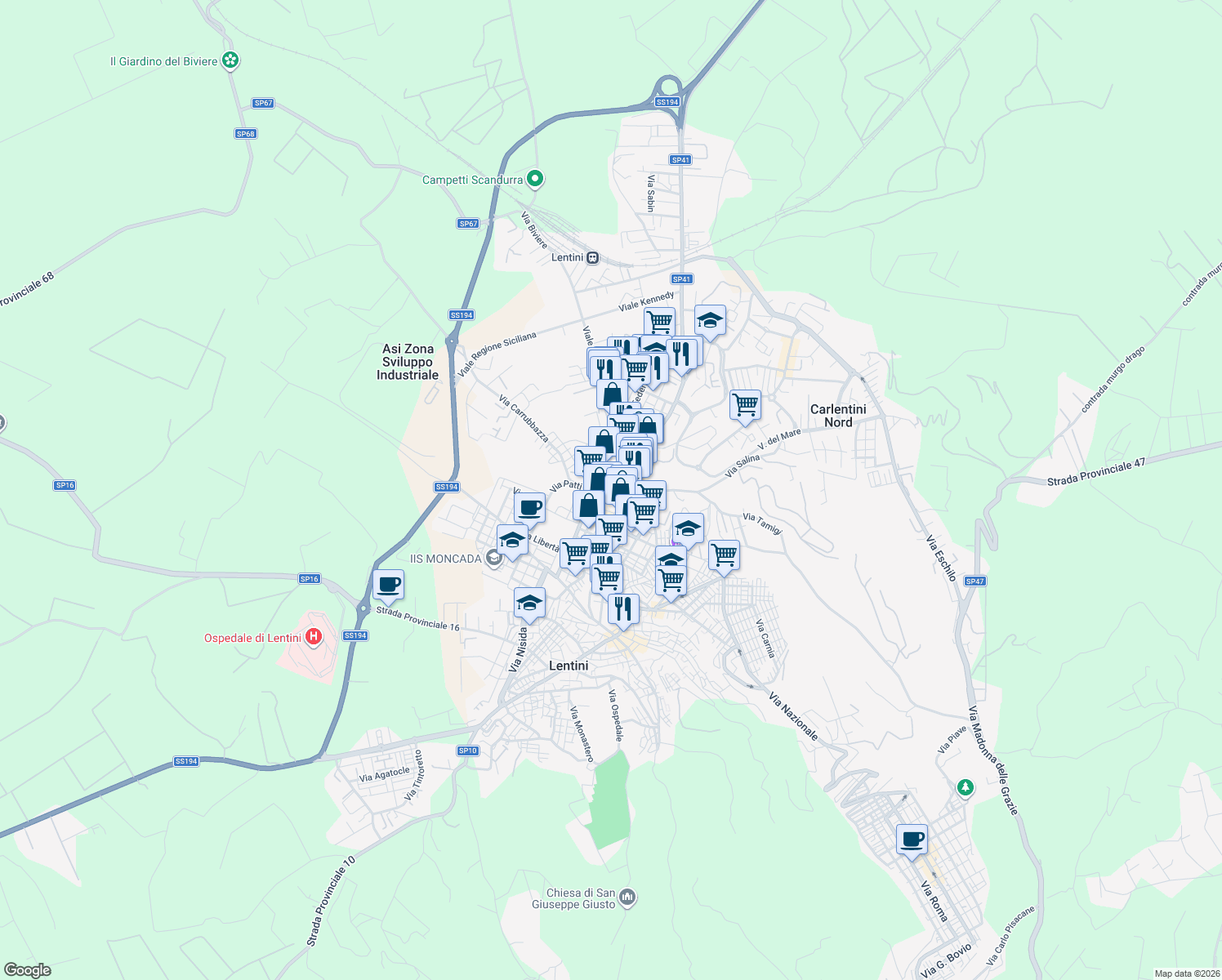 map of restaurants, bars, coffee shops, grocery stores, and more near 11A Via Gaeta in Lentini
