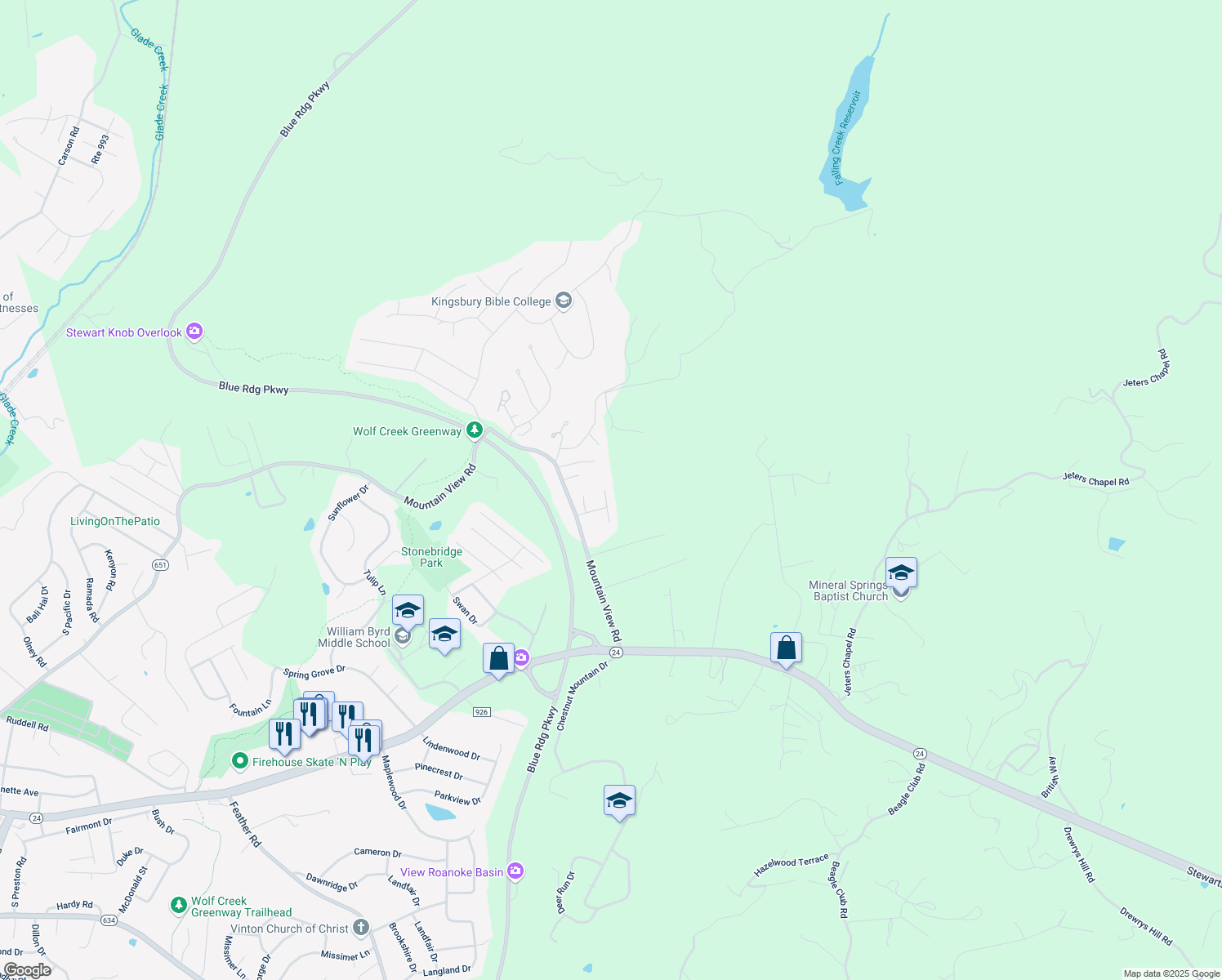 map of restaurants, bars, coffee shops, grocery stores, and more near 2721 Paddington Station Lane in Vinton