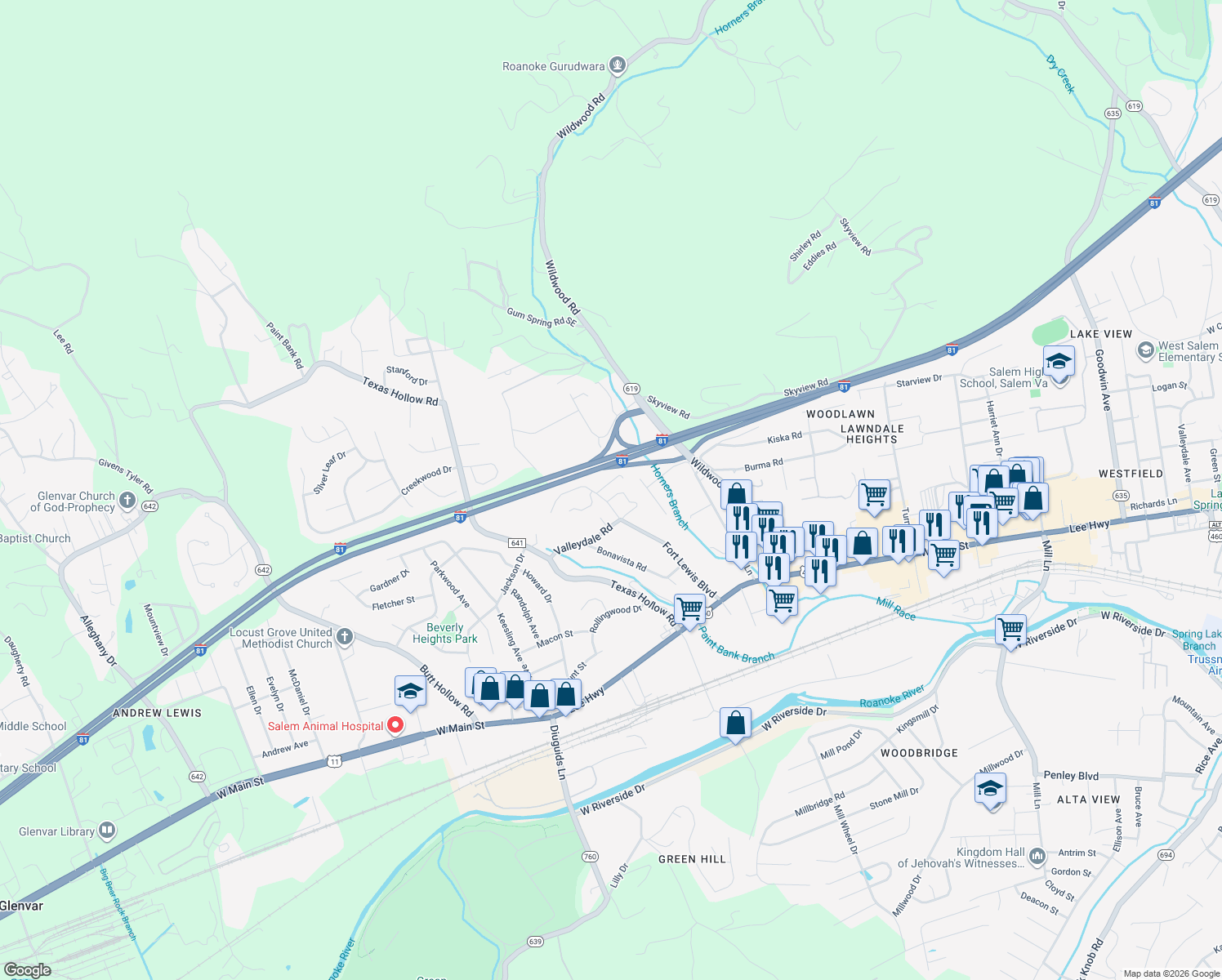 map of restaurants, bars, coffee shops, grocery stores, and more near 2212 Mitchell Rd in Salem