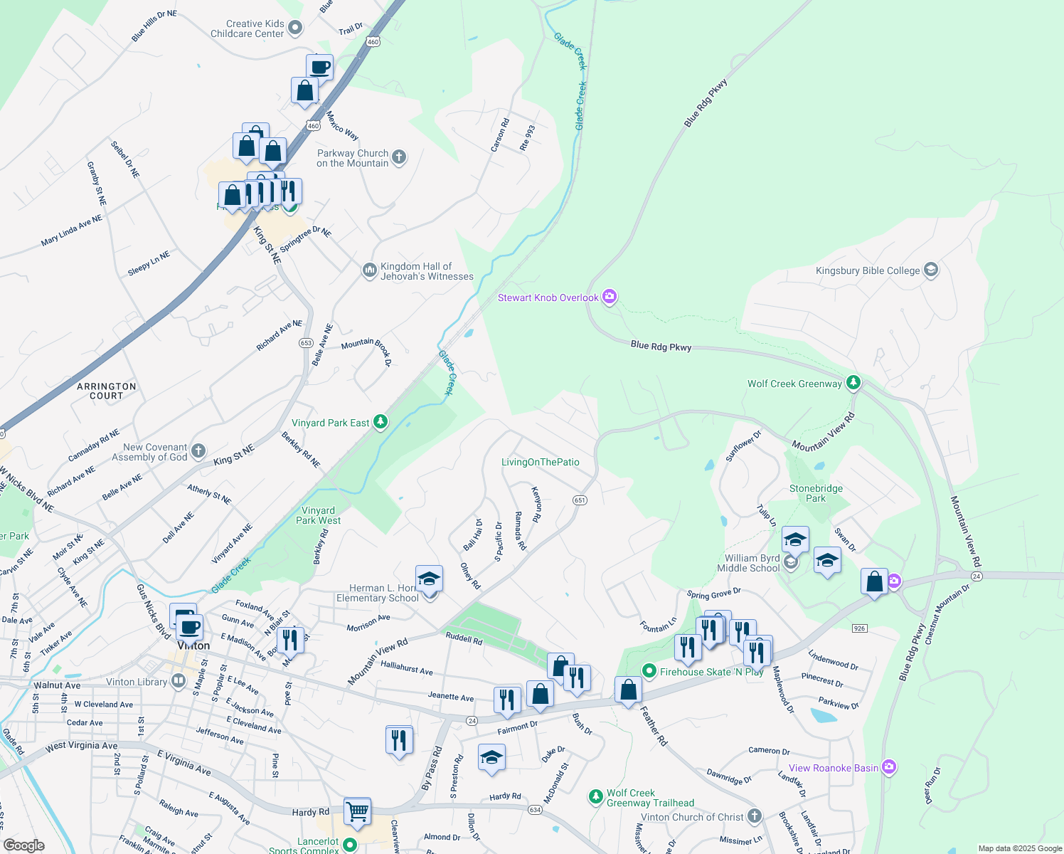 map of restaurants, bars, coffee shops, grocery stores, and more near 592 Stacie Drive in Vinton