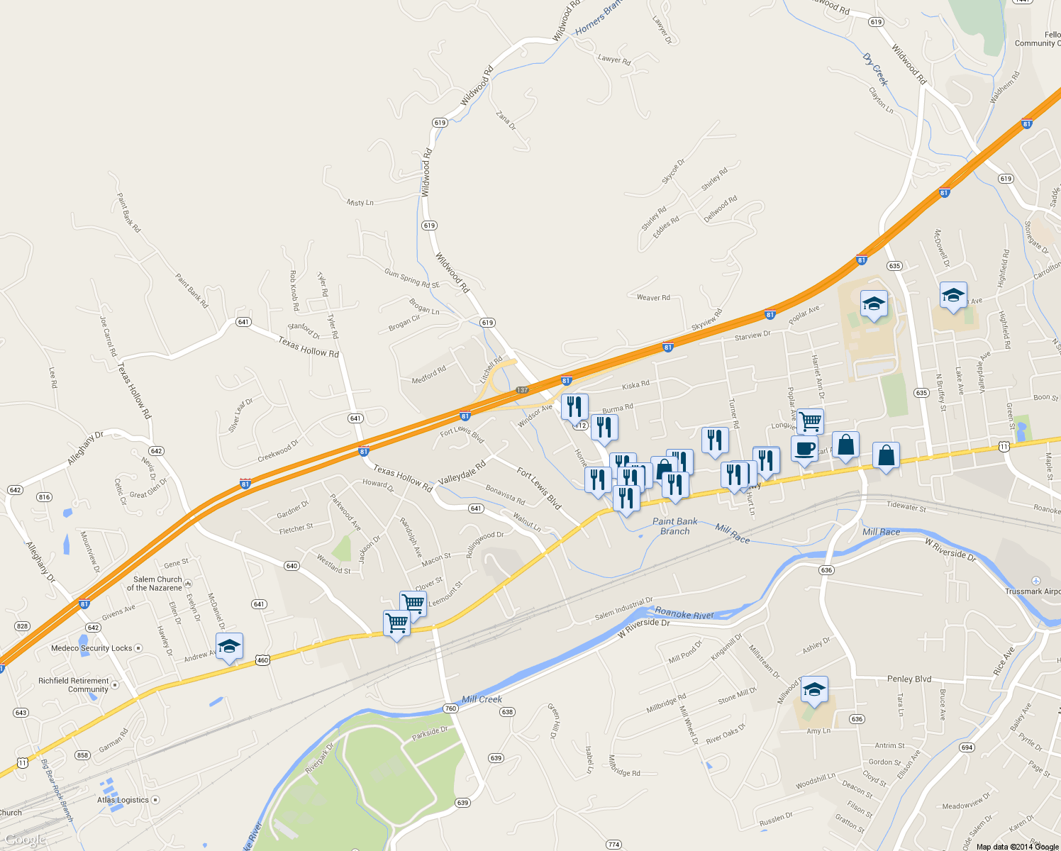 map of restaurants, bars, coffee shops, grocery stores, and more near 2140 Windsor Ave in Salem