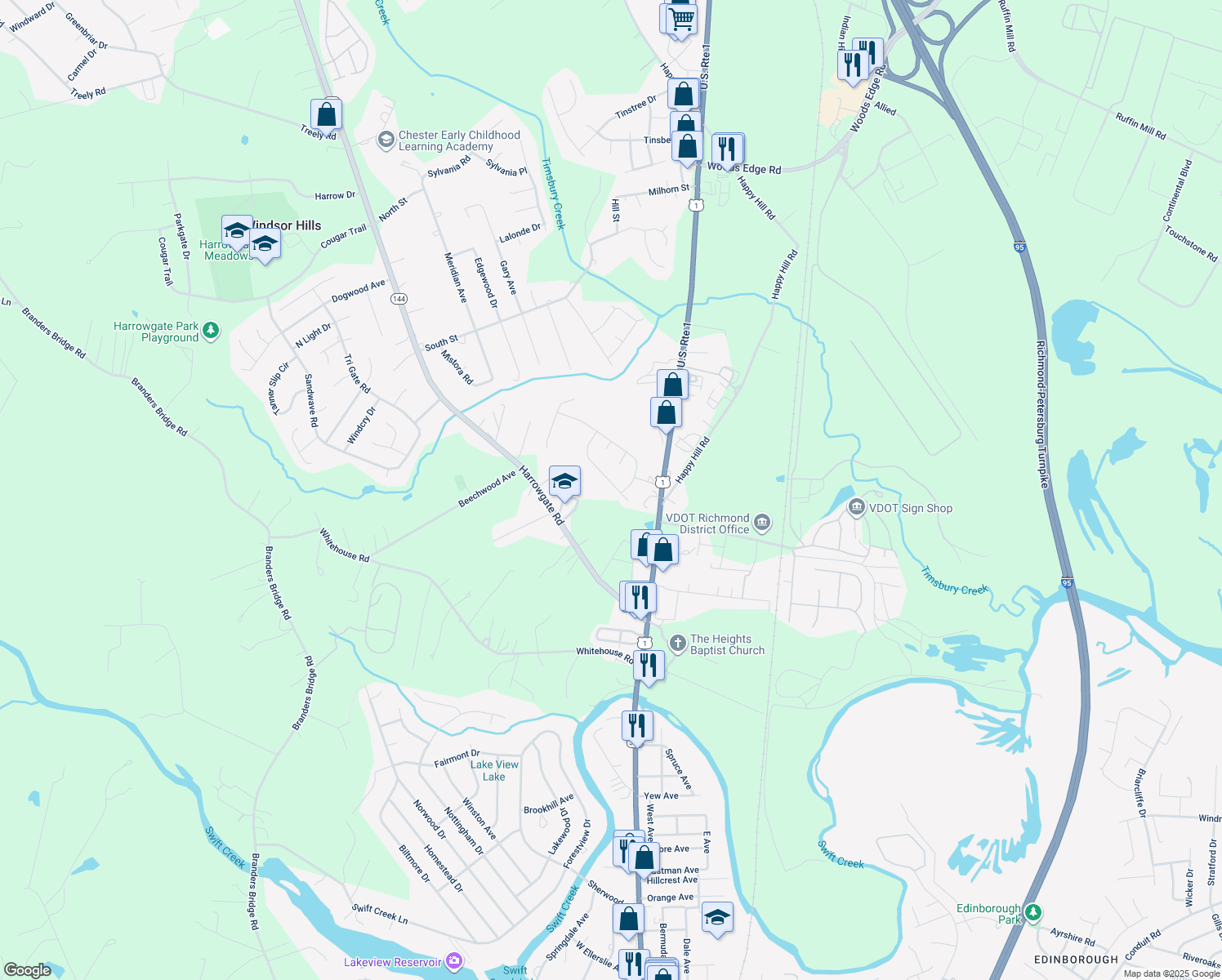 map of restaurants, bars, coffee shops, grocery stores, and more near 2709 Amherst Ridge Loop in Colonial Heights