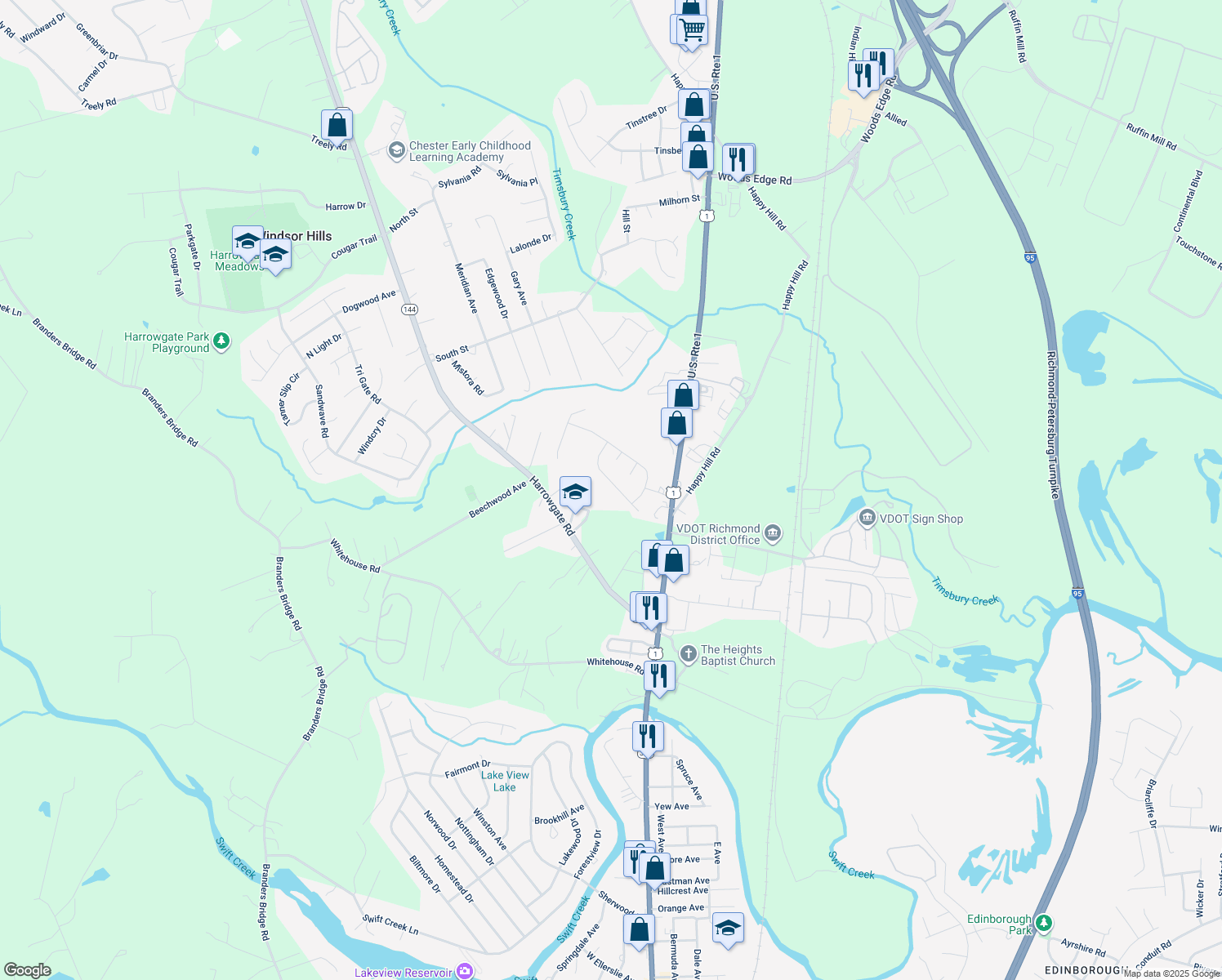 map of restaurants, bars, coffee shops, grocery stores, and more near 2727 Amherst Ridge Loop in Colonial Heights