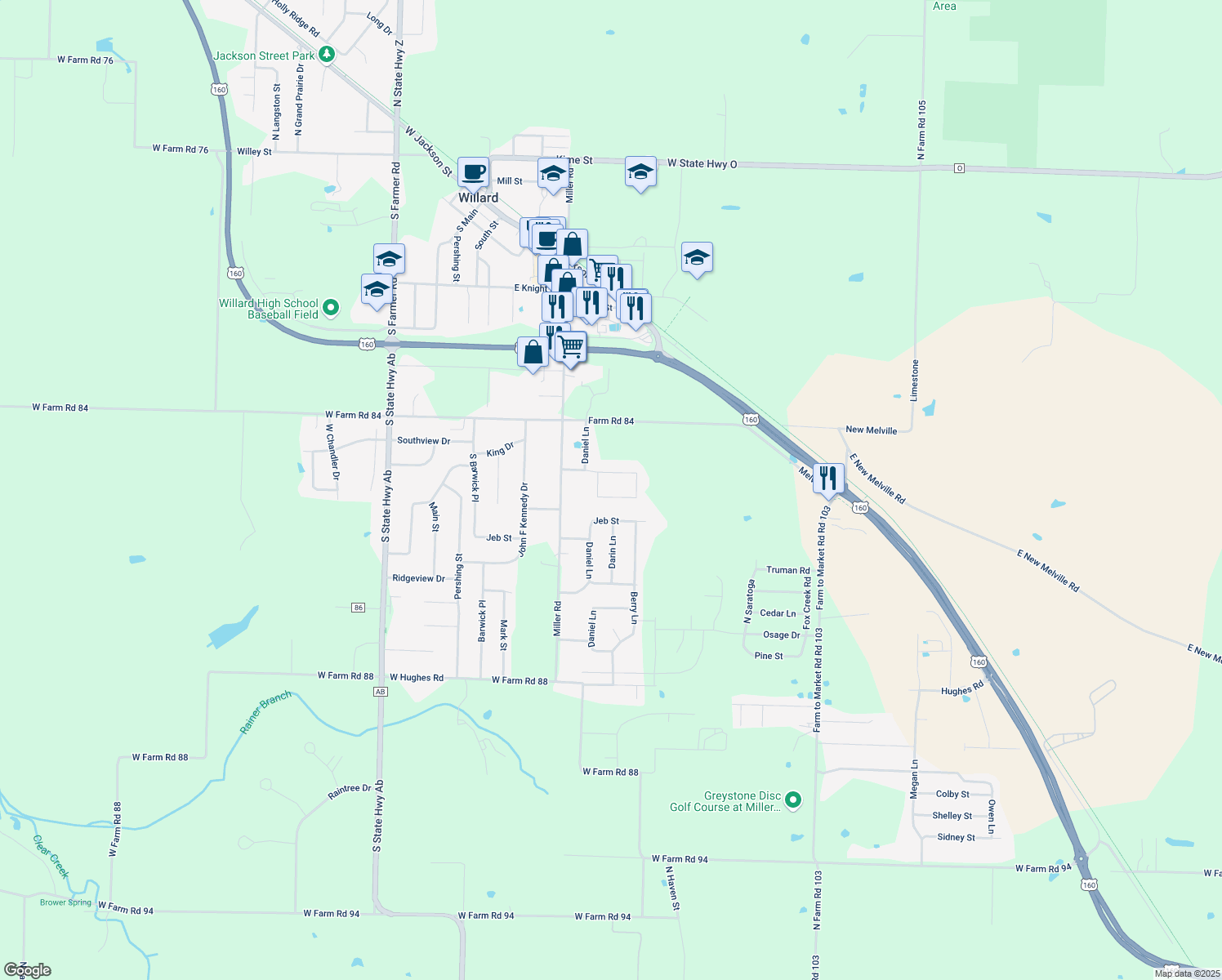 map of restaurants, bars, coffee shops, grocery stores, and more near 410 Hill St in Willard