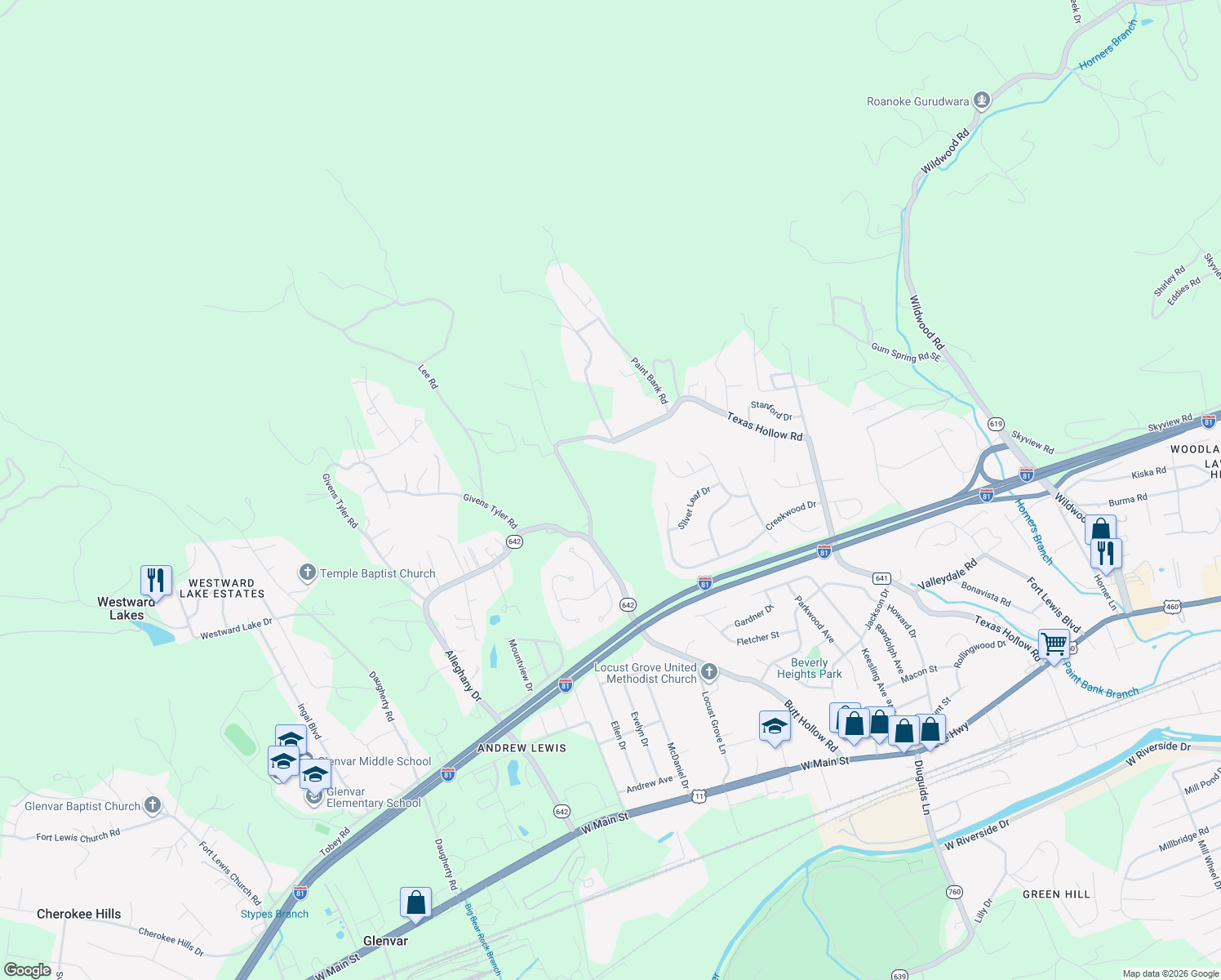 map of restaurants, bars, coffee shops, grocery stores, and more near 1042 Texas Hollow Road in Salem