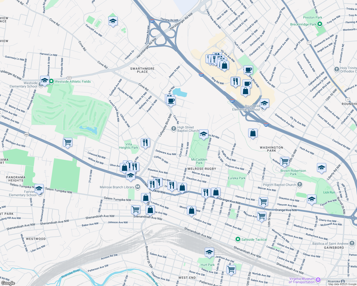 map of restaurants, bars, coffee shops, grocery stores, and more near 1413 Cove Road Northwest in Roanoke