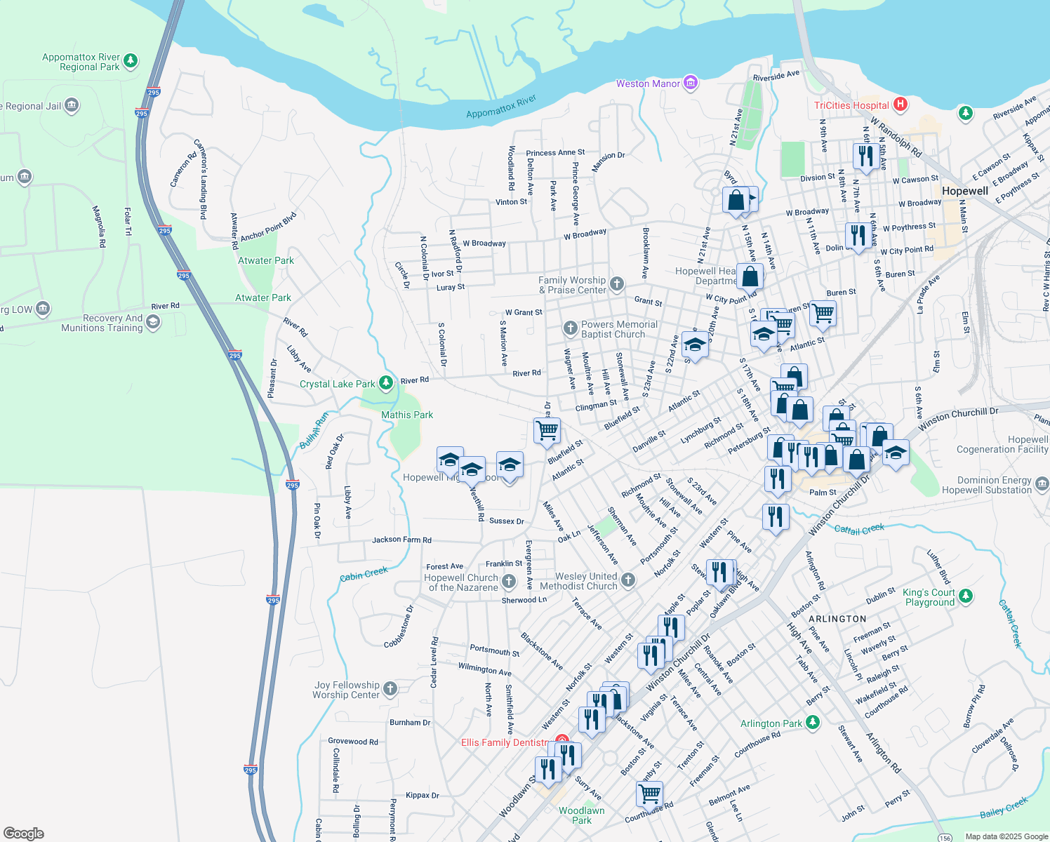 map of restaurants, bars, coffee shops, grocery stores, and more near 304 Sunset Circle in Hopewell