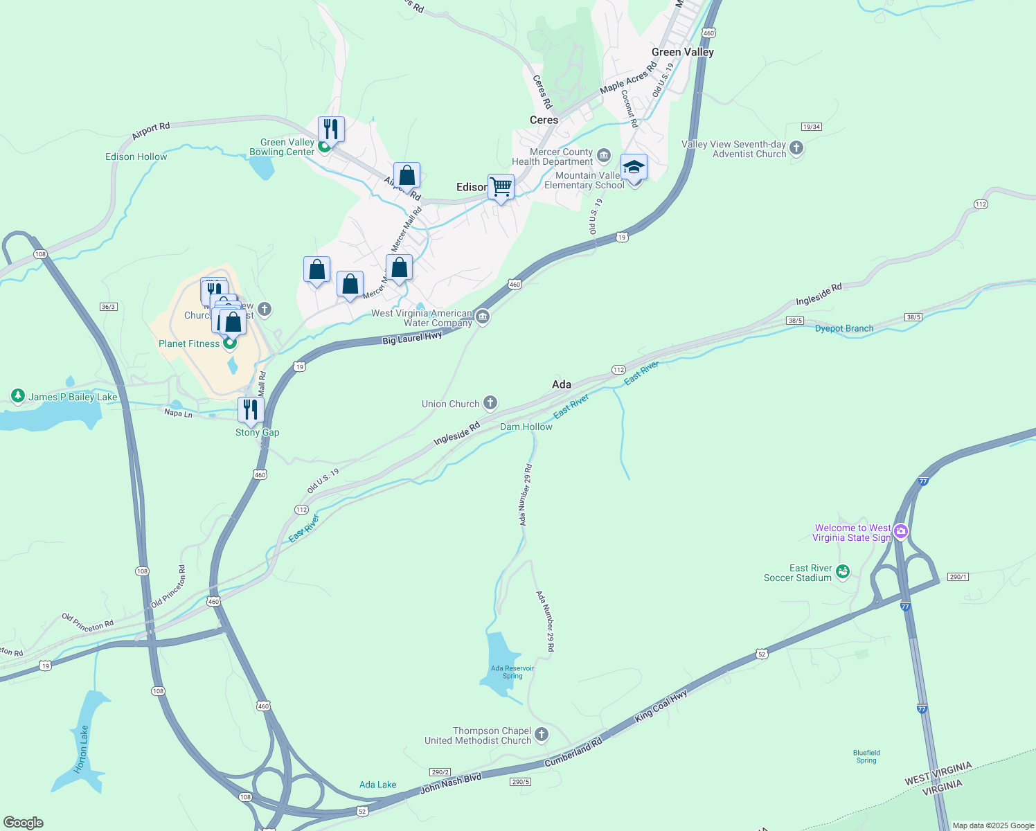 map of restaurants, bars, coffee shops, grocery stores, and more near 185 Shaley Knob in Bluefield