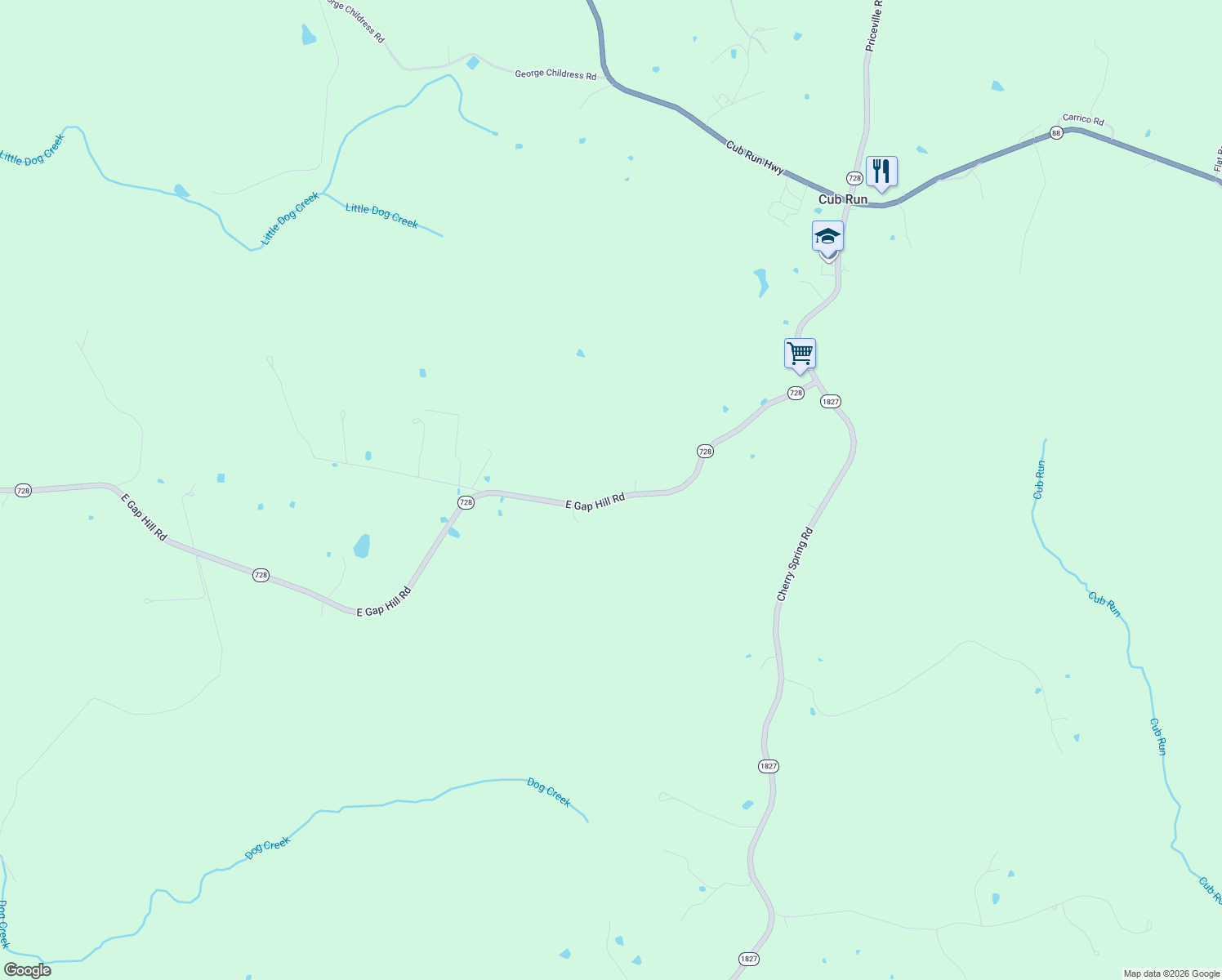 map of restaurants, bars, coffee shops, grocery stores, and more near 1165 East Gap Hill Road in Cub Run