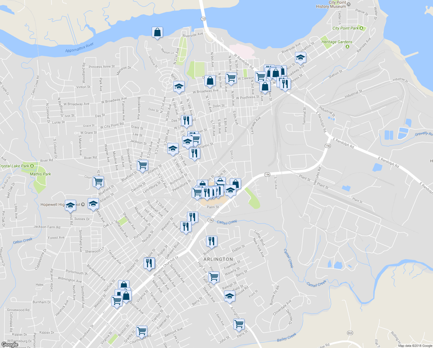 map of restaurants, bars, coffee shops, grocery stores, and more near 911 Elm Street in Hopewell