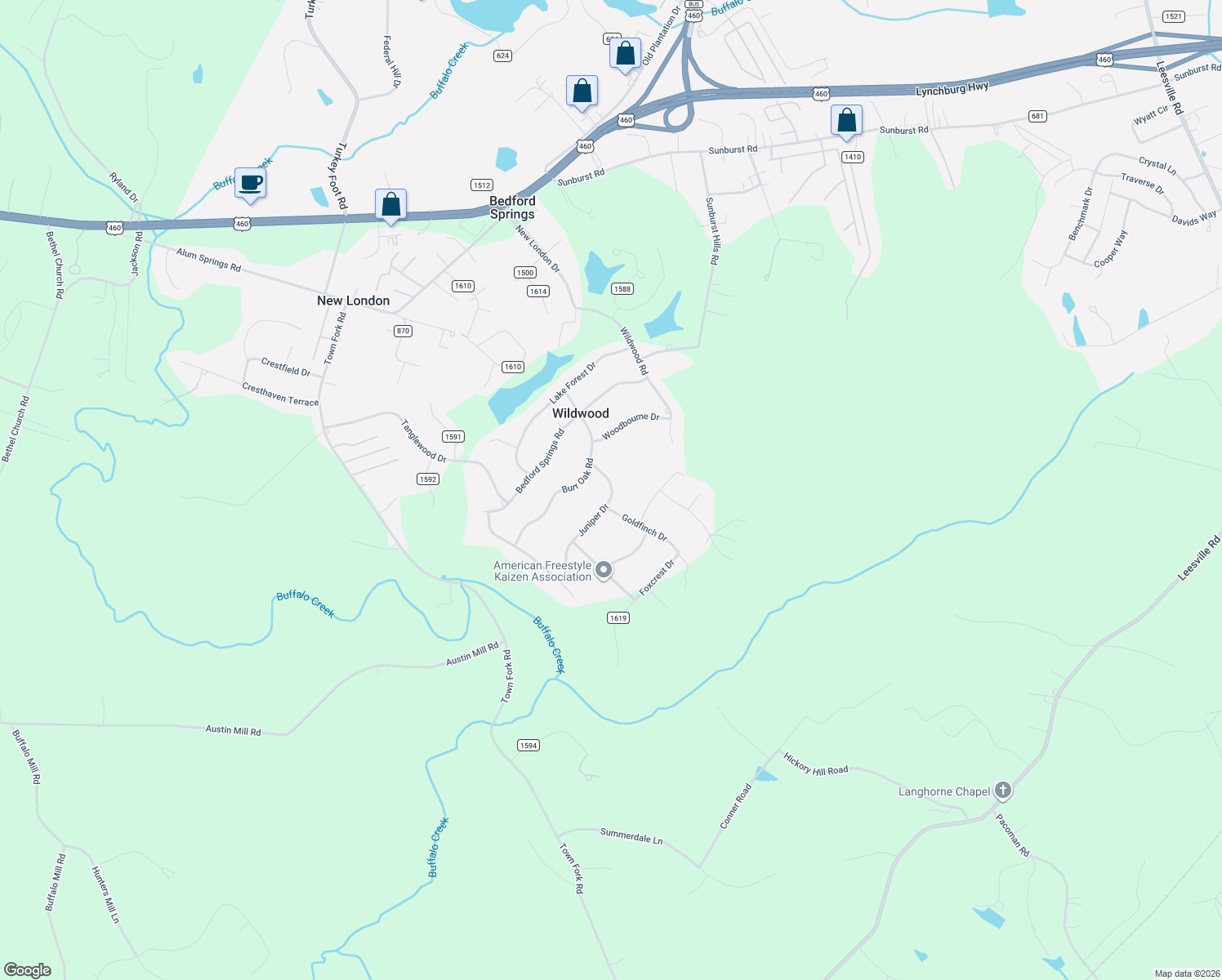 map of restaurants, bars, coffee shops, grocery stores, and more near 262 Burr Oak Road in Lynchburg