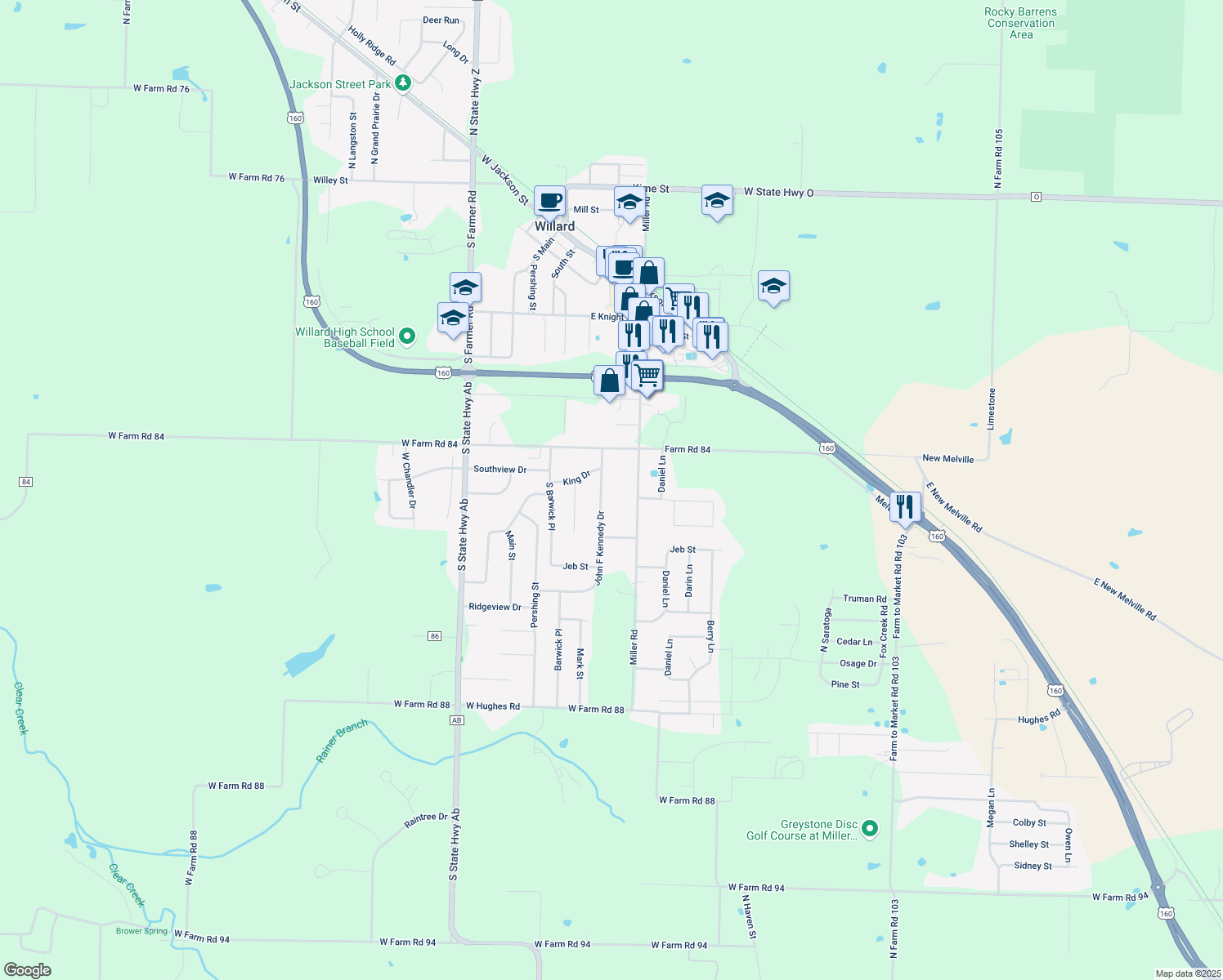 map of restaurants, bars, coffee shops, grocery stores, and more near 606 John F Kennedy Dr in Willard