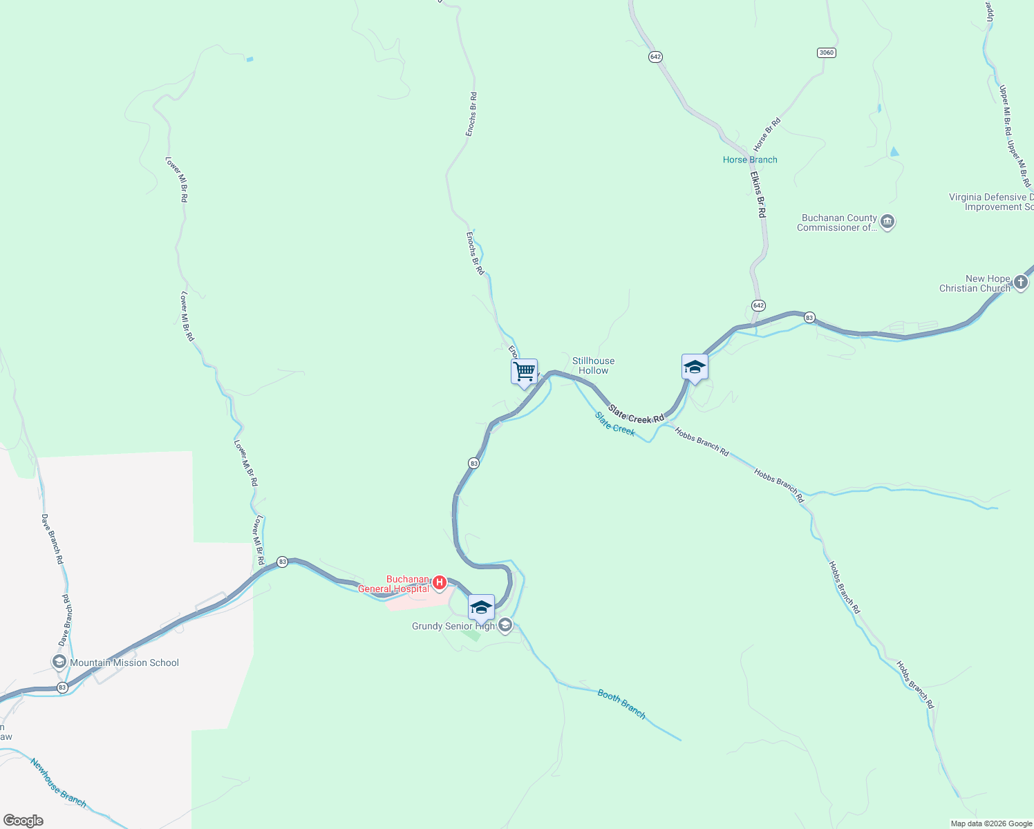 map of restaurants, bars, coffee shops, grocery stores, and more near Slate Creek Road in Grundy