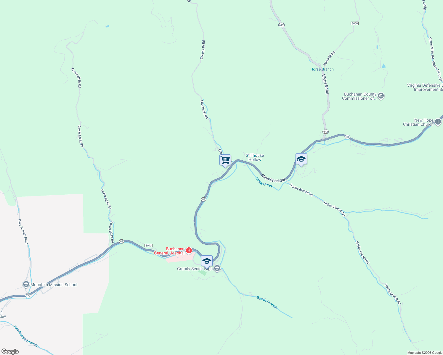 map of restaurants, bars, coffee shops, grocery stores, and more near Slate Creek Road in Grundy