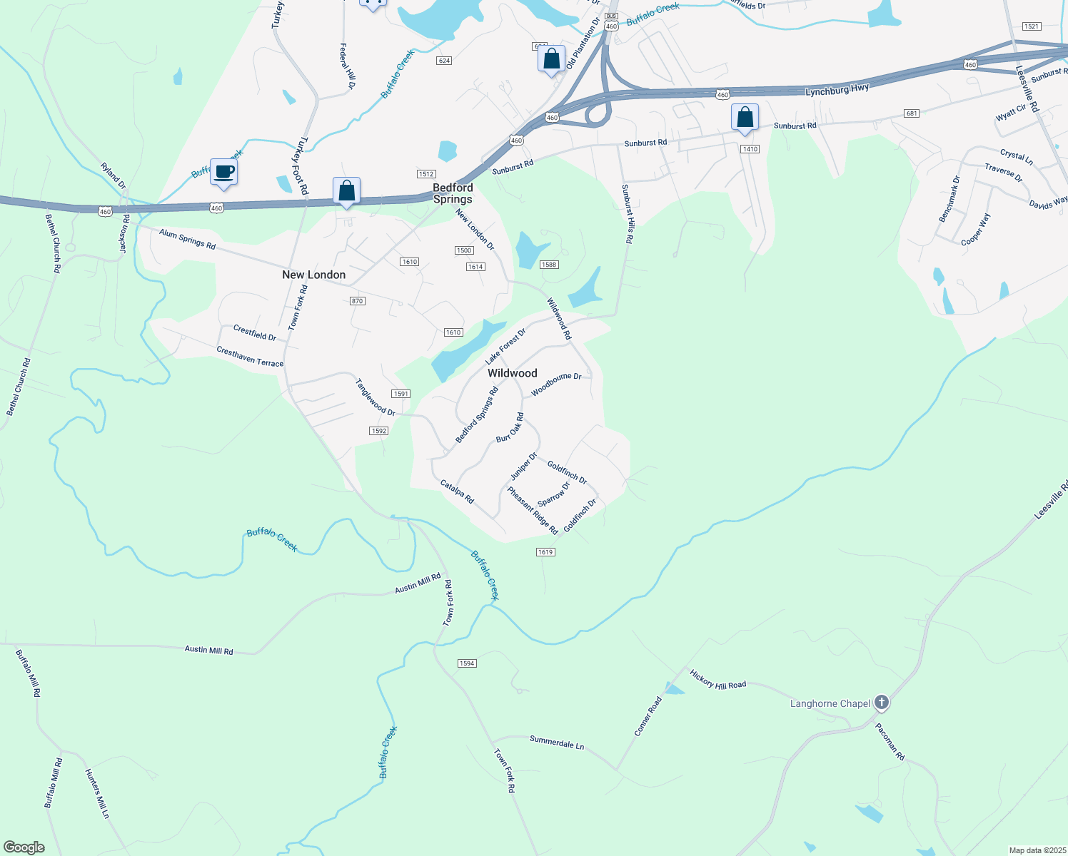 map of restaurants, bars, coffee shops, grocery stores, and more near 65 Juniper Drive in Lynchburg