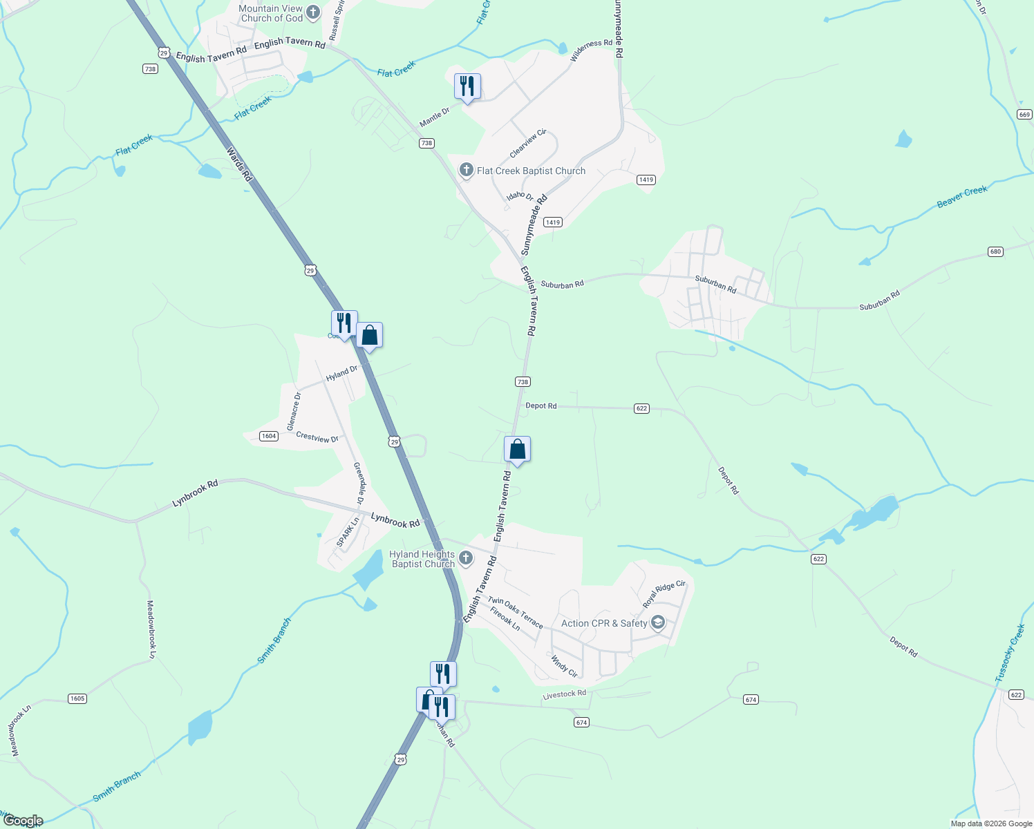 map of restaurants, bars, coffee shops, grocery stores, and more near 755 English Tavern Road in Rustburg