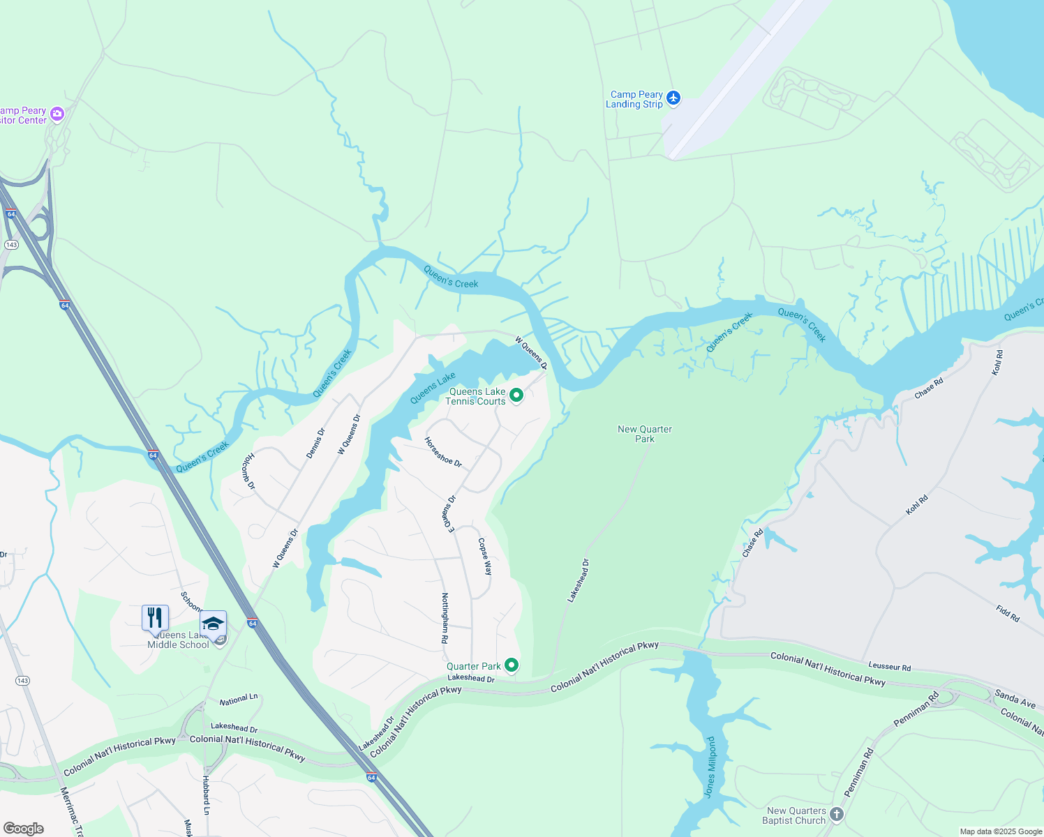 map of restaurants, bars, coffee shops, grocery stores, and more near 102 Charles River Landing Road in Williamsburg