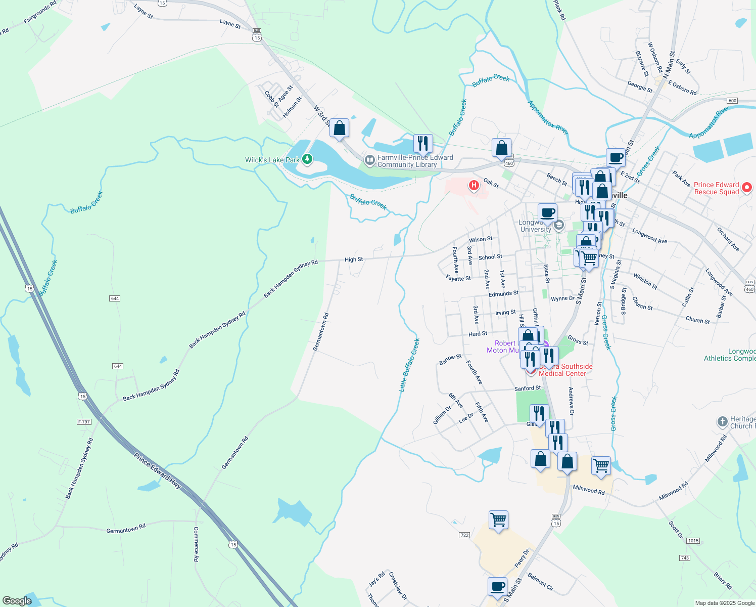 map of restaurants, bars, coffee shops, grocery stores, and more near 210 Buffaloe Lane in Farmville