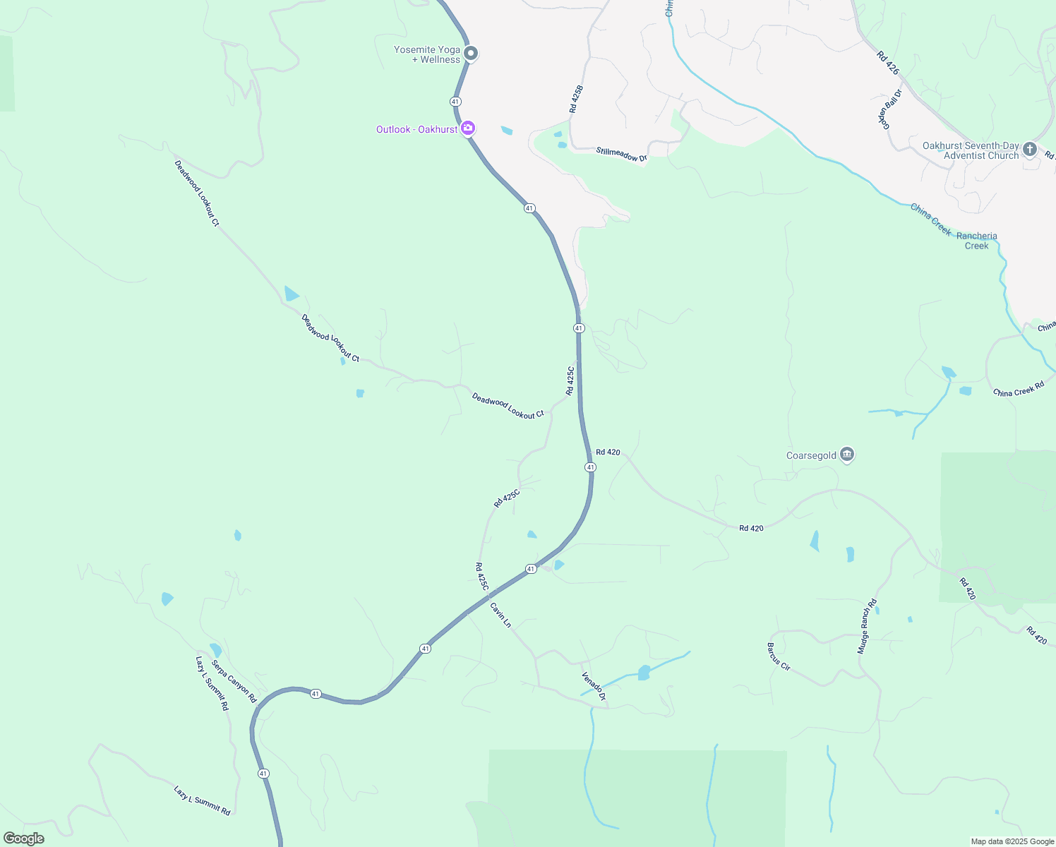 map of restaurants, bars, coffee shops, grocery stores, and more near 49120 Deadwood Lookout Road in Coarsegold