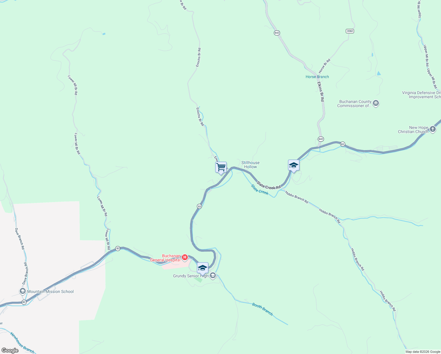 map of restaurants, bars, coffee shops, grocery stores, and more near Slate Creek Road in Grundy