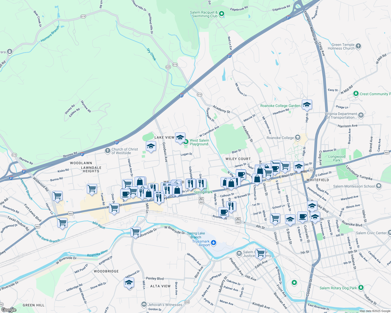 map of restaurants, bars, coffee shops, grocery stores, and more near 420 Valleydale Avenue in Salem